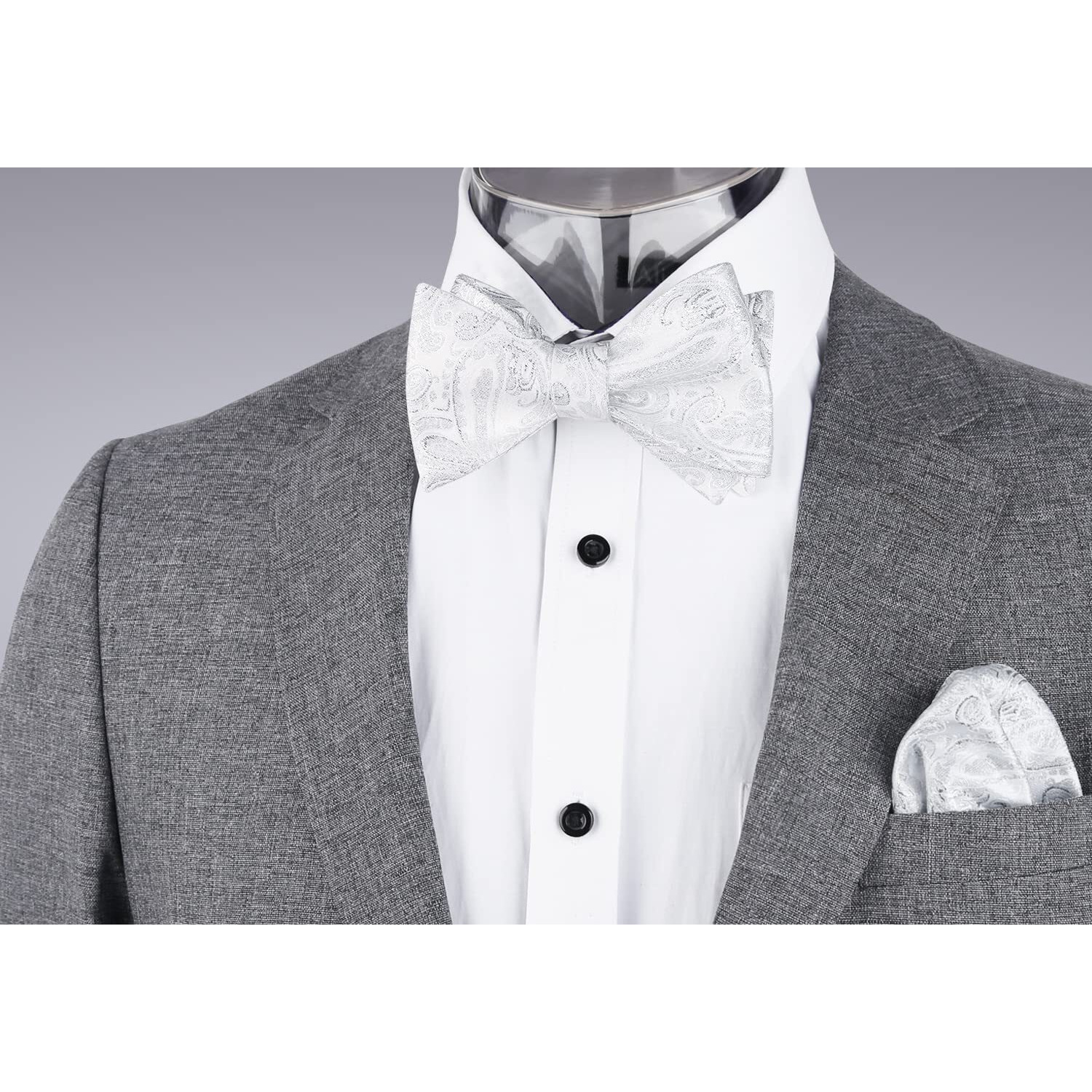 Alizeal Mens Paisley Jacquard Self Bow Tie Pocket Square Set (Shiny Silver)