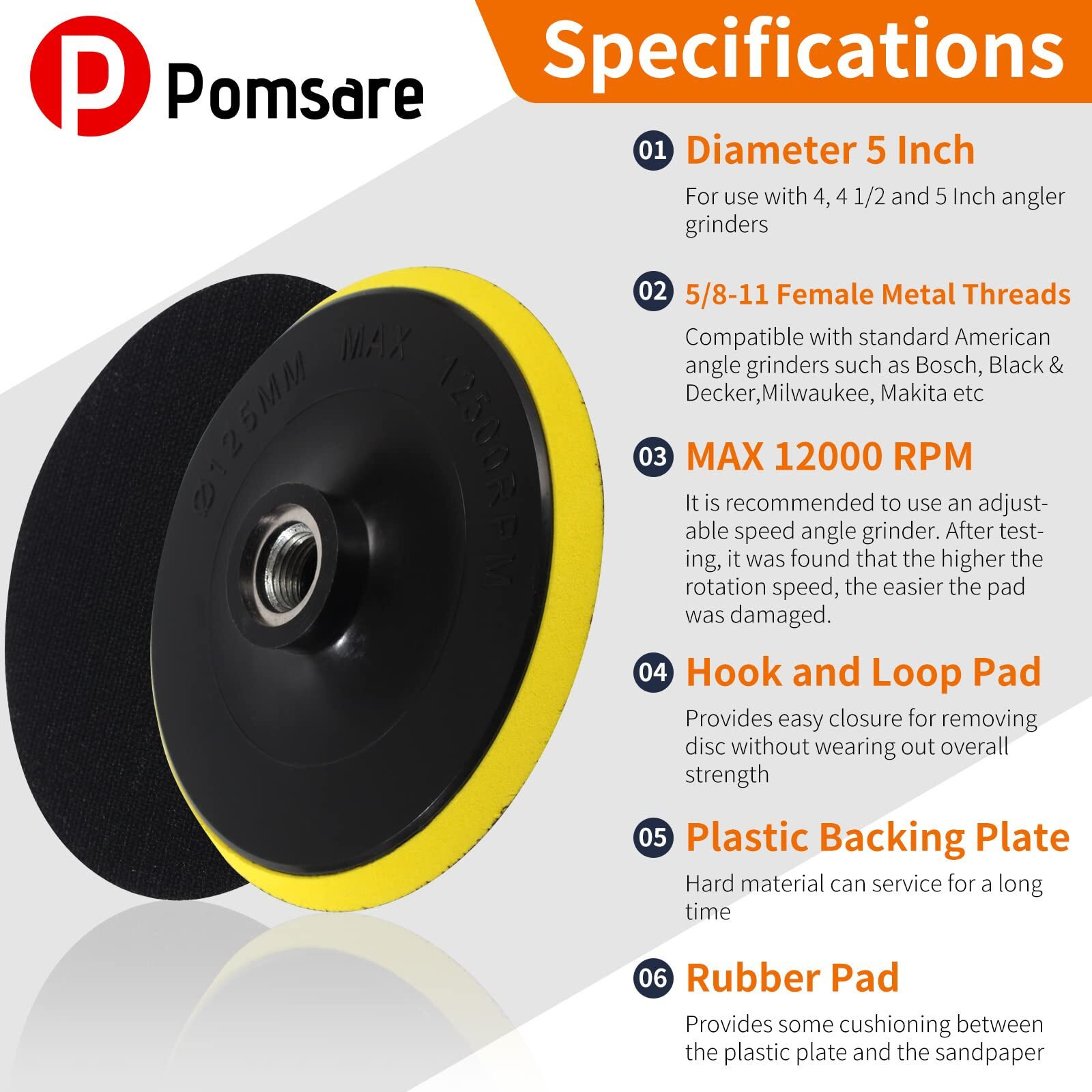 Pomsare 5 Inch Hook And Loop Backing Pad With 50Pcs Sanding Discs, Angle Grinder Attachments With 5/8-11 Threads, Sanding Pad For Wood Sanding Buffing Polishing(80/120/240/320/600 Grit)