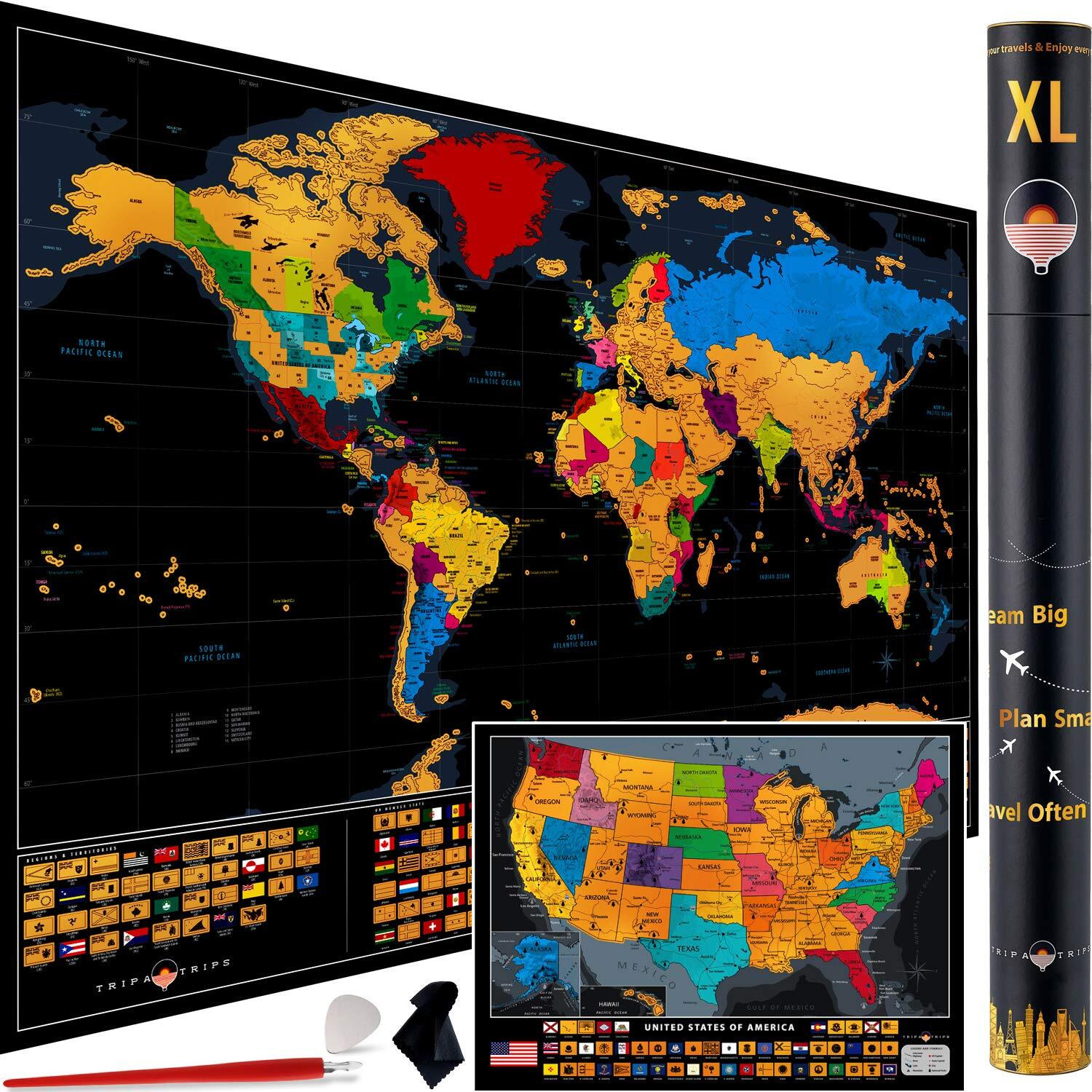 Xl Scratch Off World Map With 233 Flags - 36 X 24 Scratch Off Map Of The World + Scratch Off Usa Map - Easy To Frame World Scratch Off Map + Tools - Travel Map Wall Poster - Deluxe Gift For Travelers