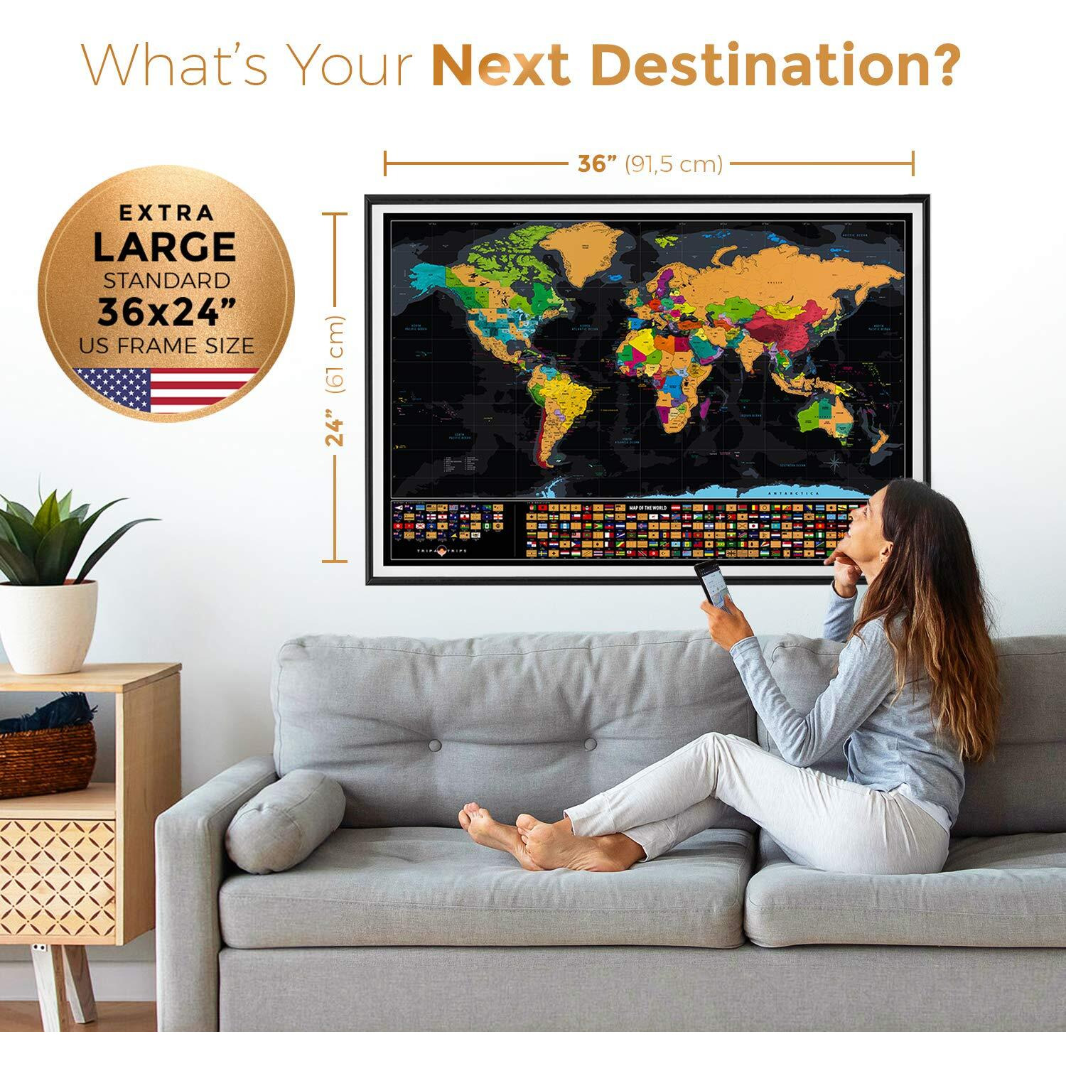 Xl Scratch Off World Map With 233 Flags - 36 X 24 Scratch Off Map Of The World + Scratch Off Usa Map - Easy To Frame World Scratch Off Map + Tools - Travel Map Wall Poster - Deluxe Gift For Travelers