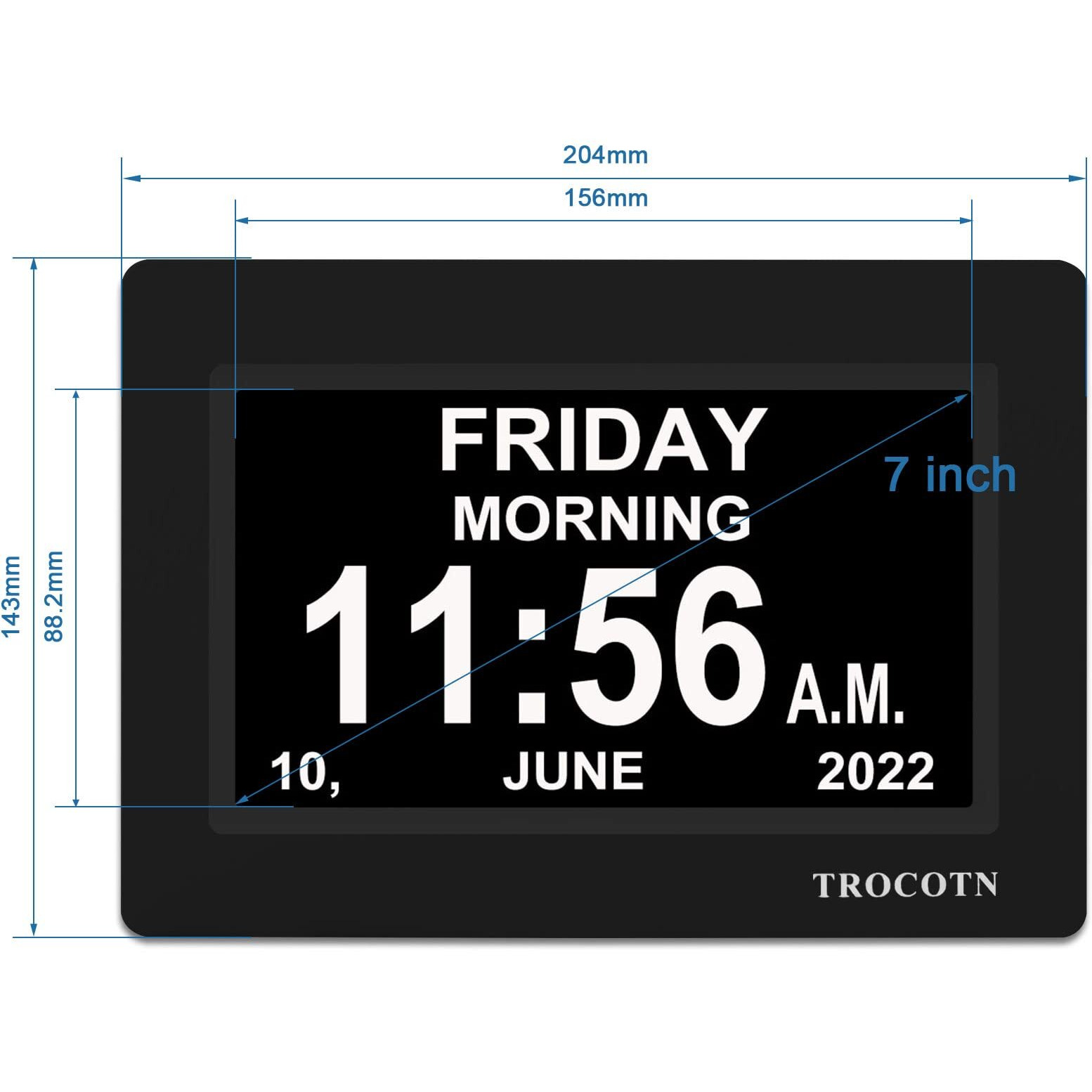 Trocotn 7 Inchs Digital Clock Calendar Clock Large Display Alarm Clock Wall Clock (Black)