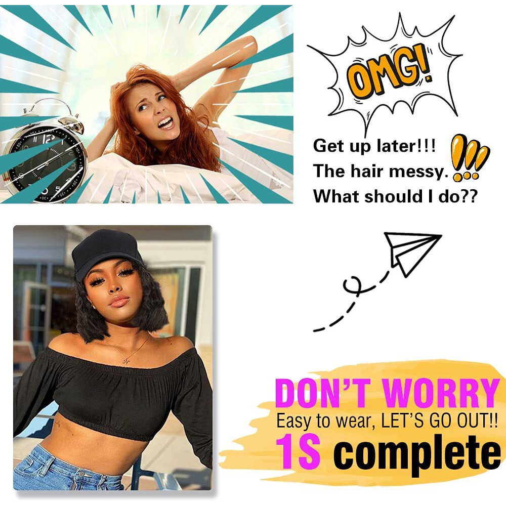 Chrshn Hat Wig For Women Short Wave Baseball Cap Wig With Curly Hair Extensions Wig Synthetic Wave Wig Hat Adjustable Brown Black Baseball Hat Wig