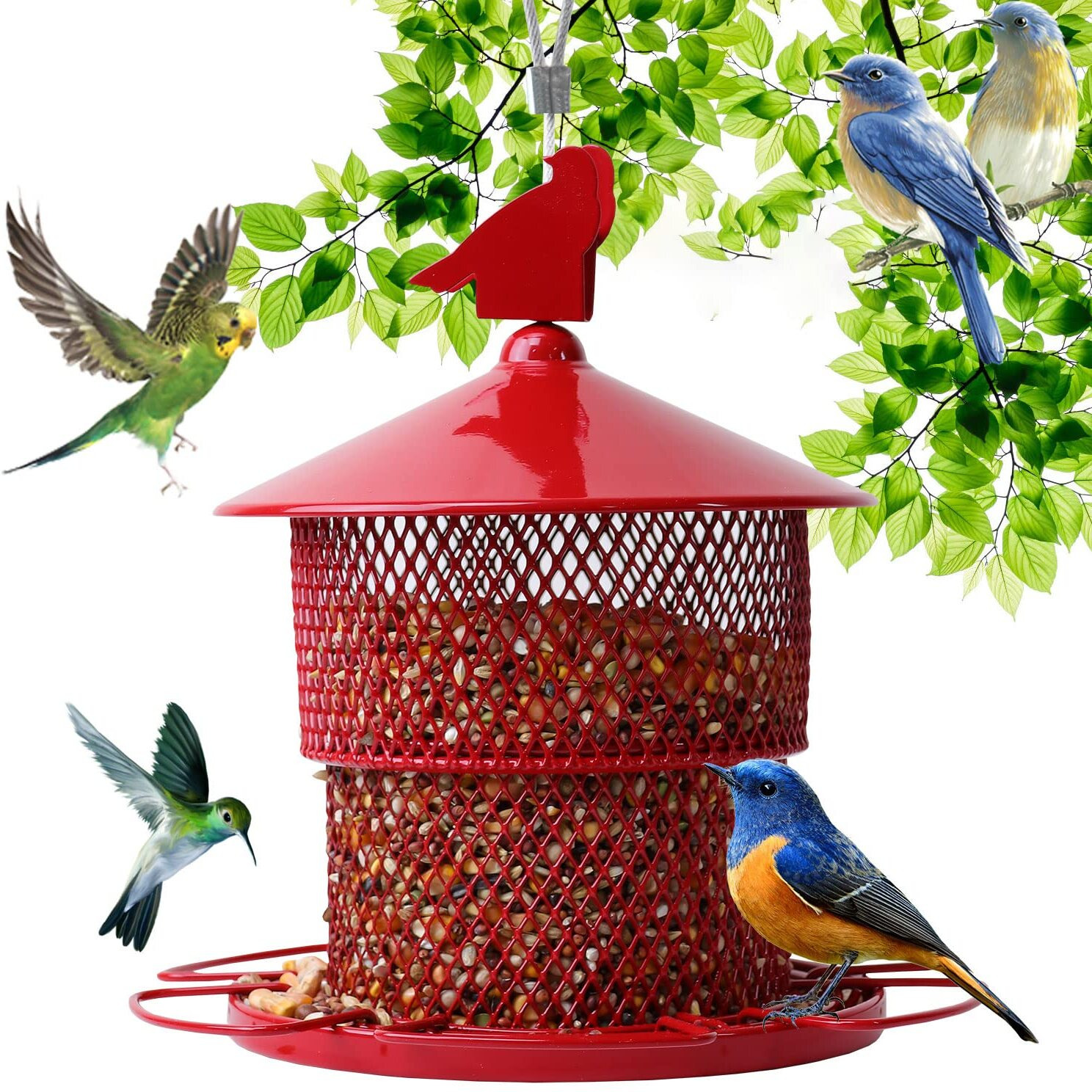 Squirrel Proof Bird Feeder For Outside Hanging, Metal Bird Feeders For Outdoor Hanging,Wild Bird Feeders With 4 Lbs Seed Capacity For Cardinal, Sparrow,Finch,Chickadee Etc(Red)