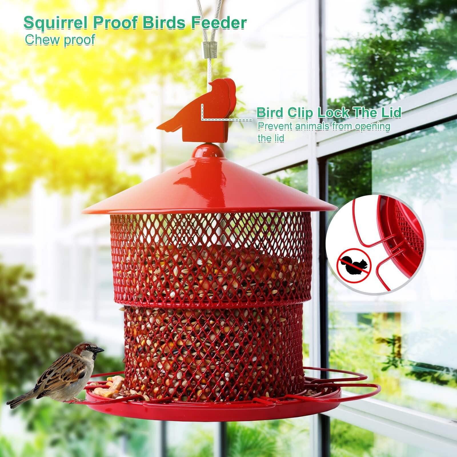 Squirrel Proof Bird Feeder For Outside Hanging, Metal Bird Feeders For Outdoor Hanging,Wild Bird Feeders With 4 Lbs Seed Capacity For Cardinal, Sparrow,Finch,Chickadee Etc(Red)