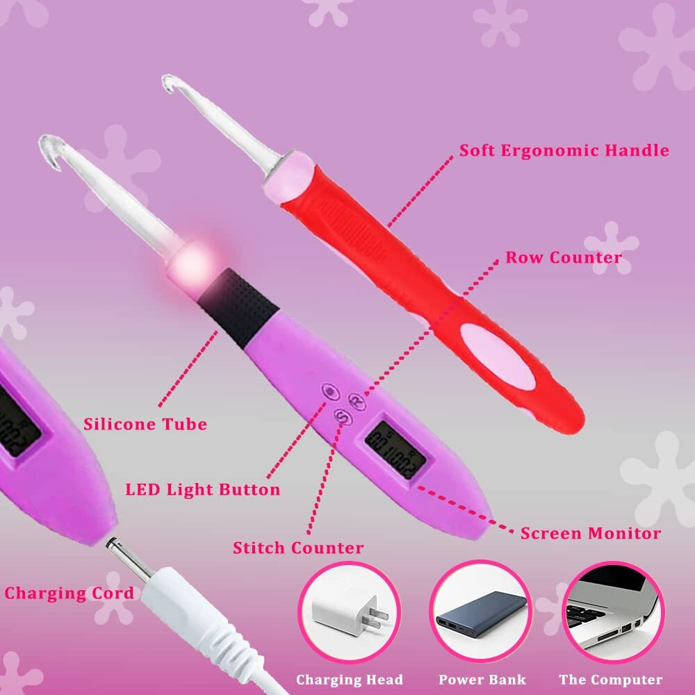17 Sizes Digital Crochet Hooks With Counter 2.50~14.0Mm, Lighted Crochet Hooks For Stitch & Row Counting
