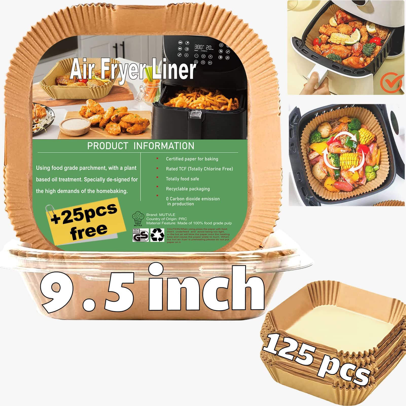 Liners For Air Fryer Basket, Xl Disposable Air Fryer Paper Liners For Power Xl, Chefman, Instant Pot Air Fryer Basket, Air Fryer Parchment Paper Liners 9.5 Inch Square, 125Pcs Air Fryer Oven Liners