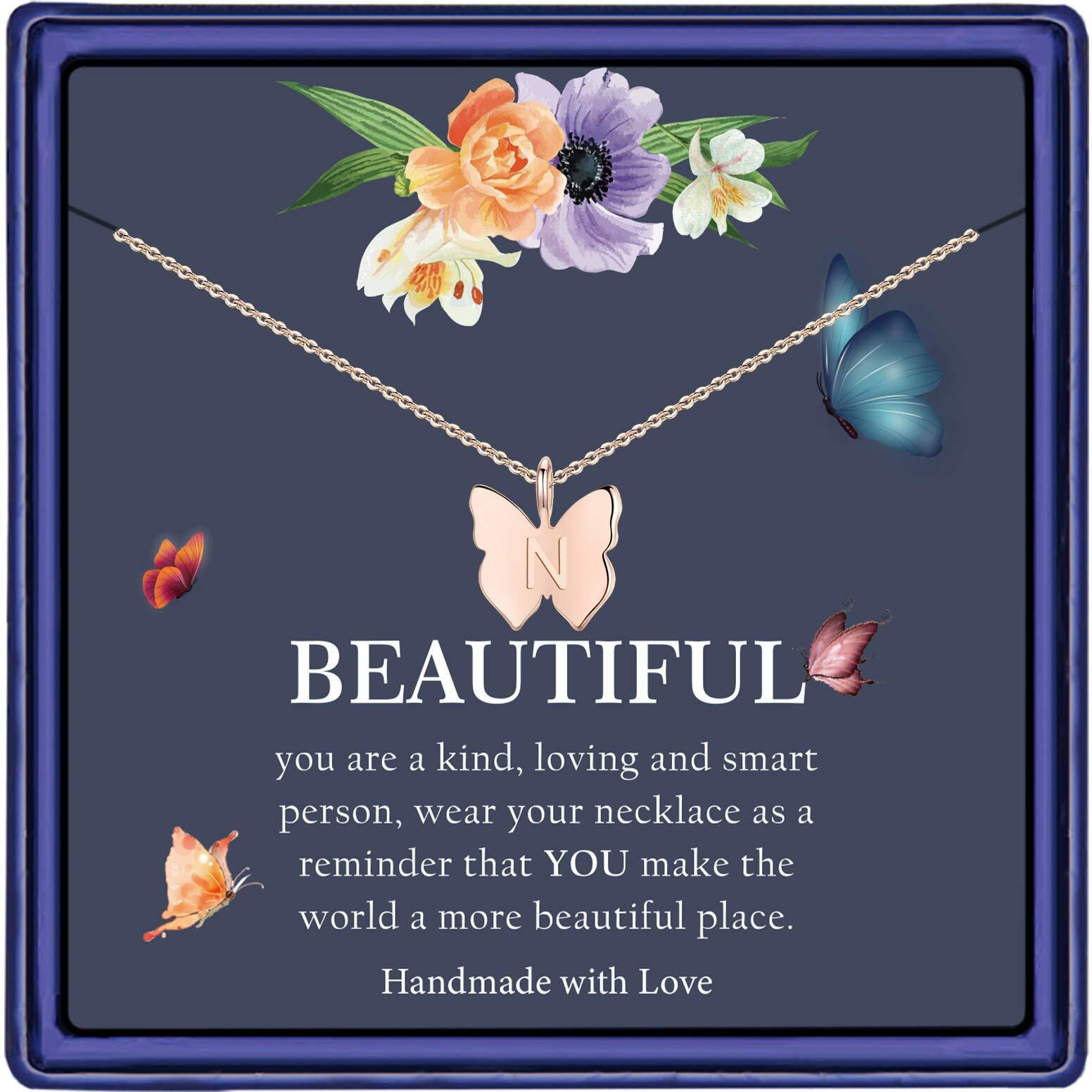 Hidepoo Initial Butterfly Necklace For Women Girls - Dainty 14K Rose Gold Filled Letter N Alphabet Butterfly Pendant Necklace Delicate Initial Butterfly Choker Necklaces For Women Girls Jewelry(N)