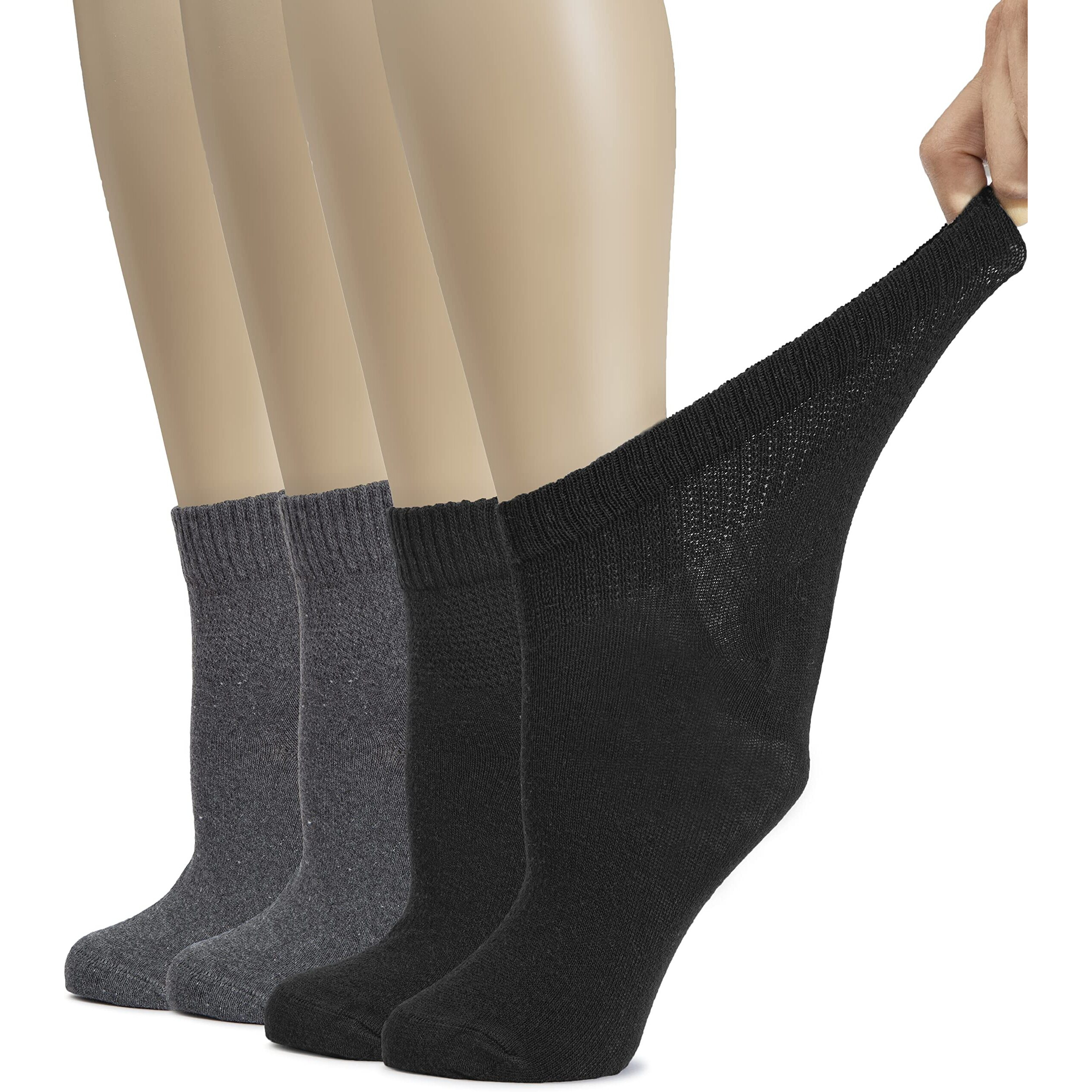 Hugh Ugoli Women's Cotton Diabetic Ankle Socks, Wide, Thin, Loose Fit And Stretchy, Seamless Toe & Non Binding Top, 4 Pairs, Black/M.Grey, Shoe Size 10-12