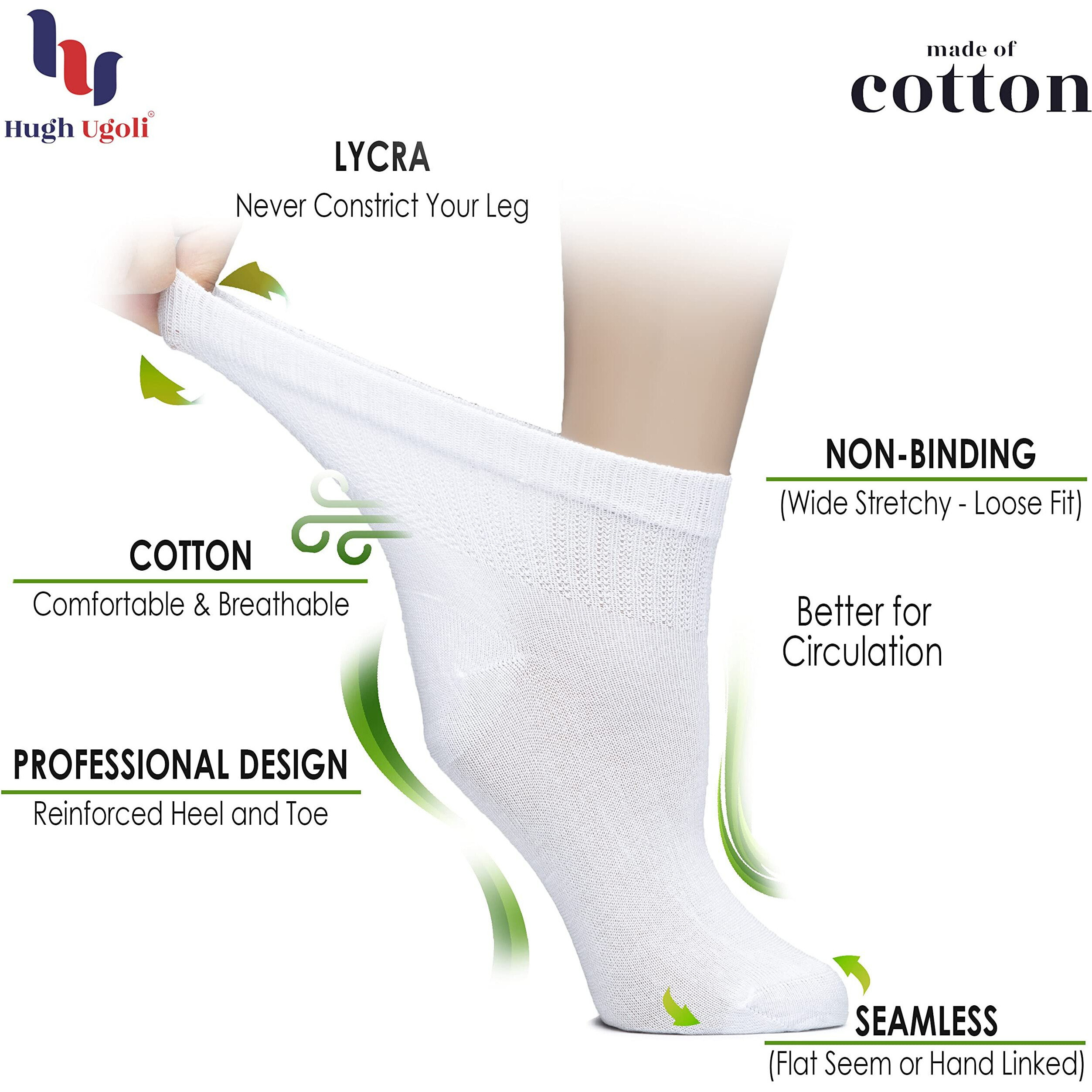 Hugh Ugoli Women's Cotton Diabetic Ankle Socks, Wide, Thin, Loose Fit And Stretchy, Seamless Toe & Non Binding Top, 4 Pairs, Black/M.Grey, Shoe Size 10-12