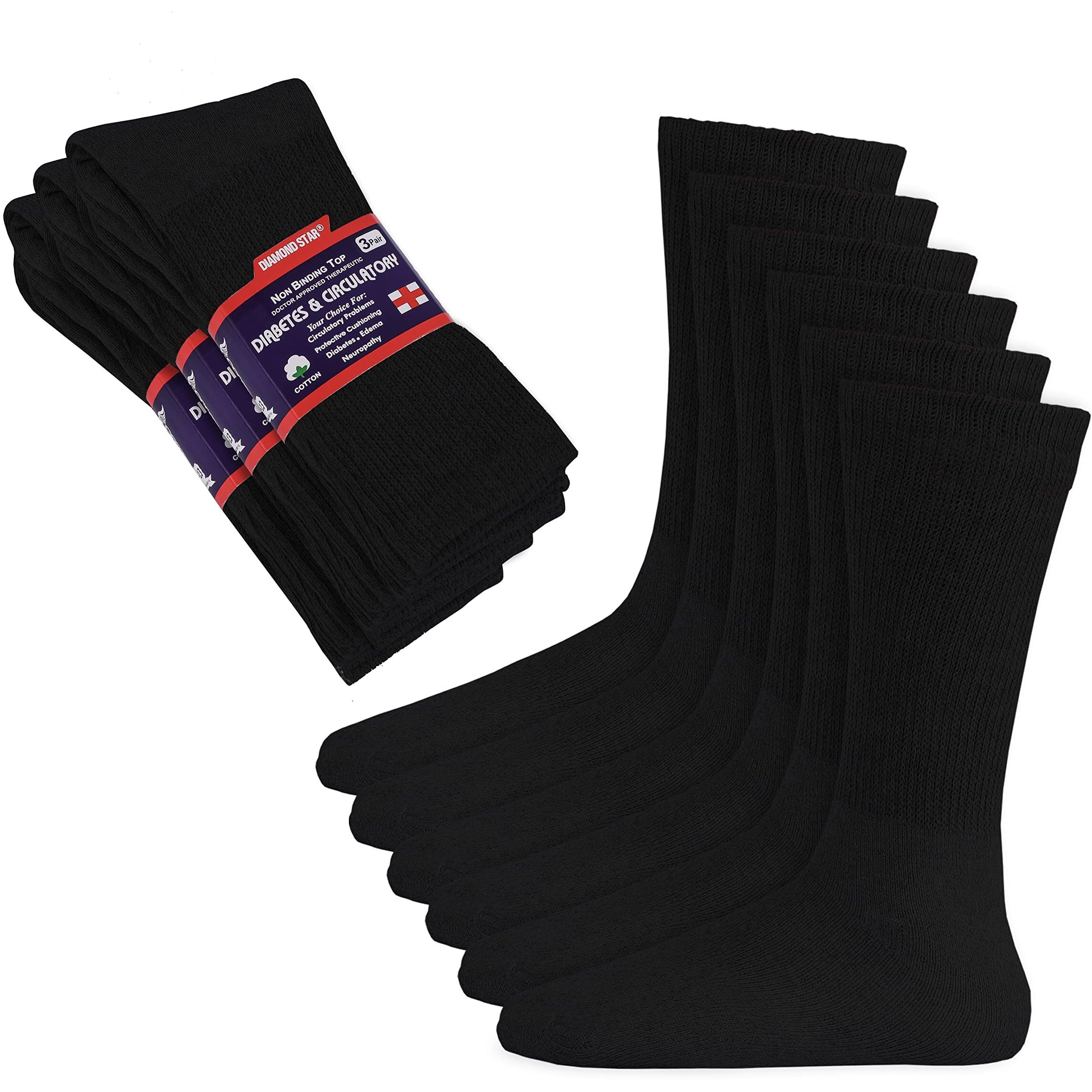 Diamond Star Diabetic Socks, Non-Binding Circulatory Cushion Cotton Crew Diabetic Socks For Men Women (As1, Numeric, Numeric_9, Numeric_11, Regular, Regular, 6 Pairs Black)