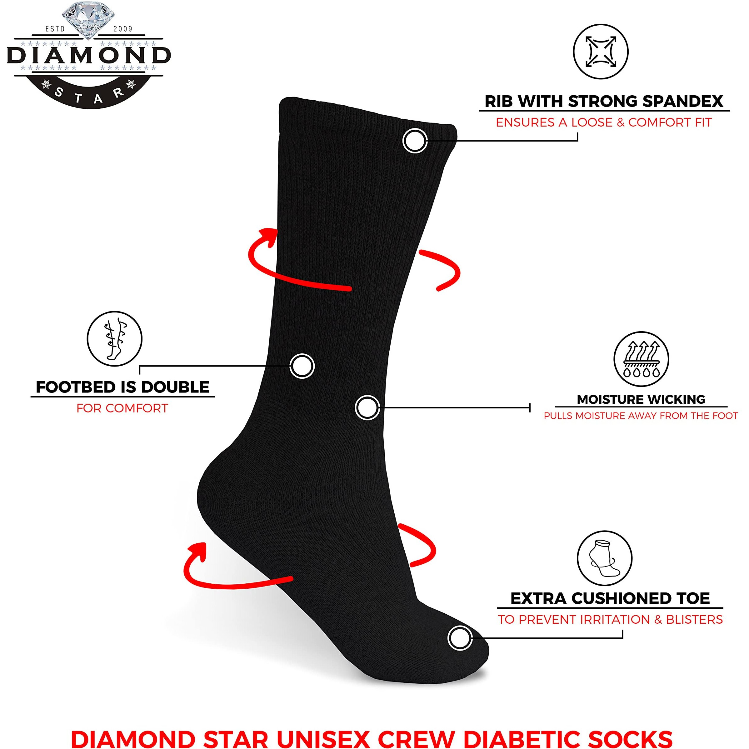 Diamond Star Diabetic Socks, Non-Binding Circulatory Cushion Cotton Crew Diabetic Socks For Men Women (As1, Numeric, Numeric_9, Numeric_11, Regular, Regular, 6 Pairs Black)