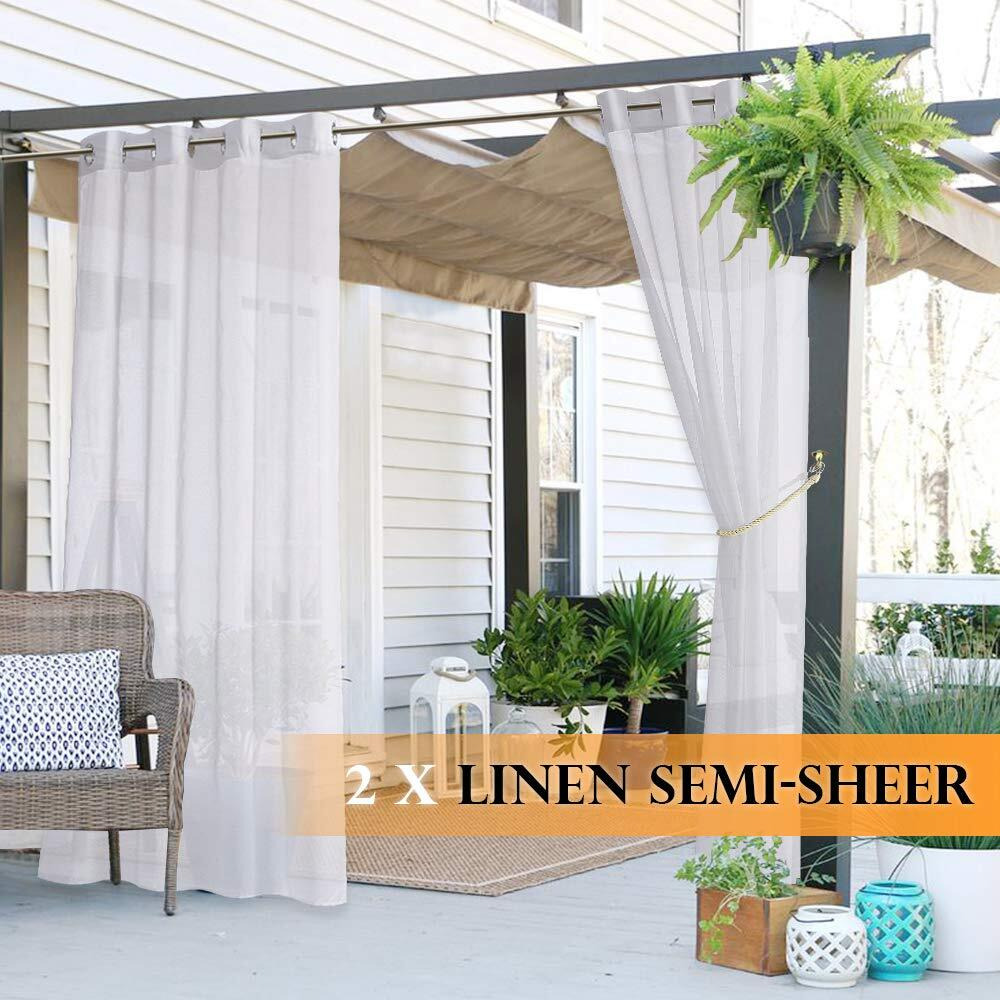 Ryb Home 2 Panels Porch Curtains Outdoor - Linen Look White Sheer Drapes Waterproof, Sun Light Glare Filter Panels For Outside Wedding Lanai Patio Balcony Terrace, W 54 X L 120 Inch