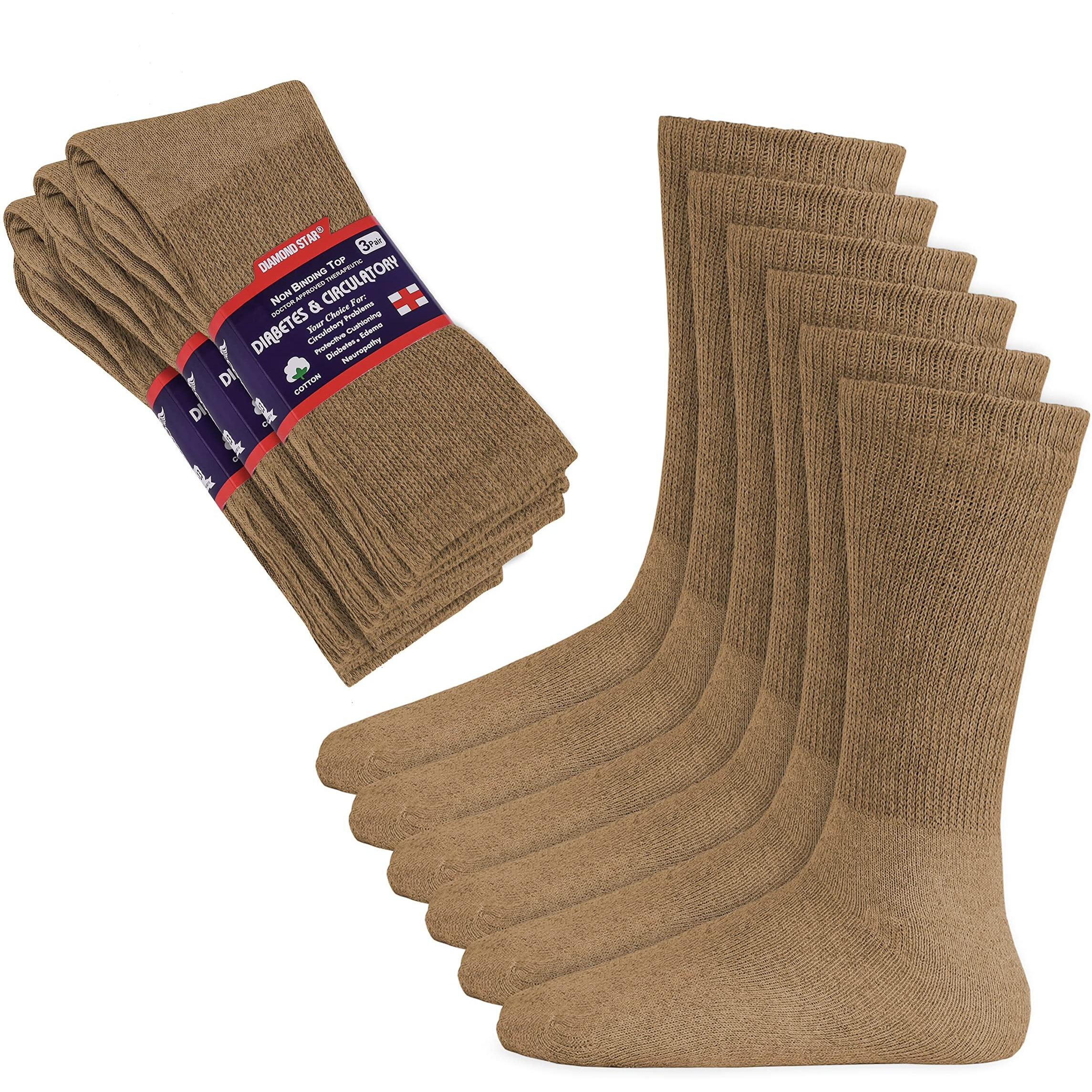 Diamond Star Diabetic Socks, Non-Binding Circulatory Cushion Cotton Crew Diabetic Socks For Men Women (As1, Numeric, Numeric_9, Numeric_11, Regular, Regular, 12 Pairs Khaki)