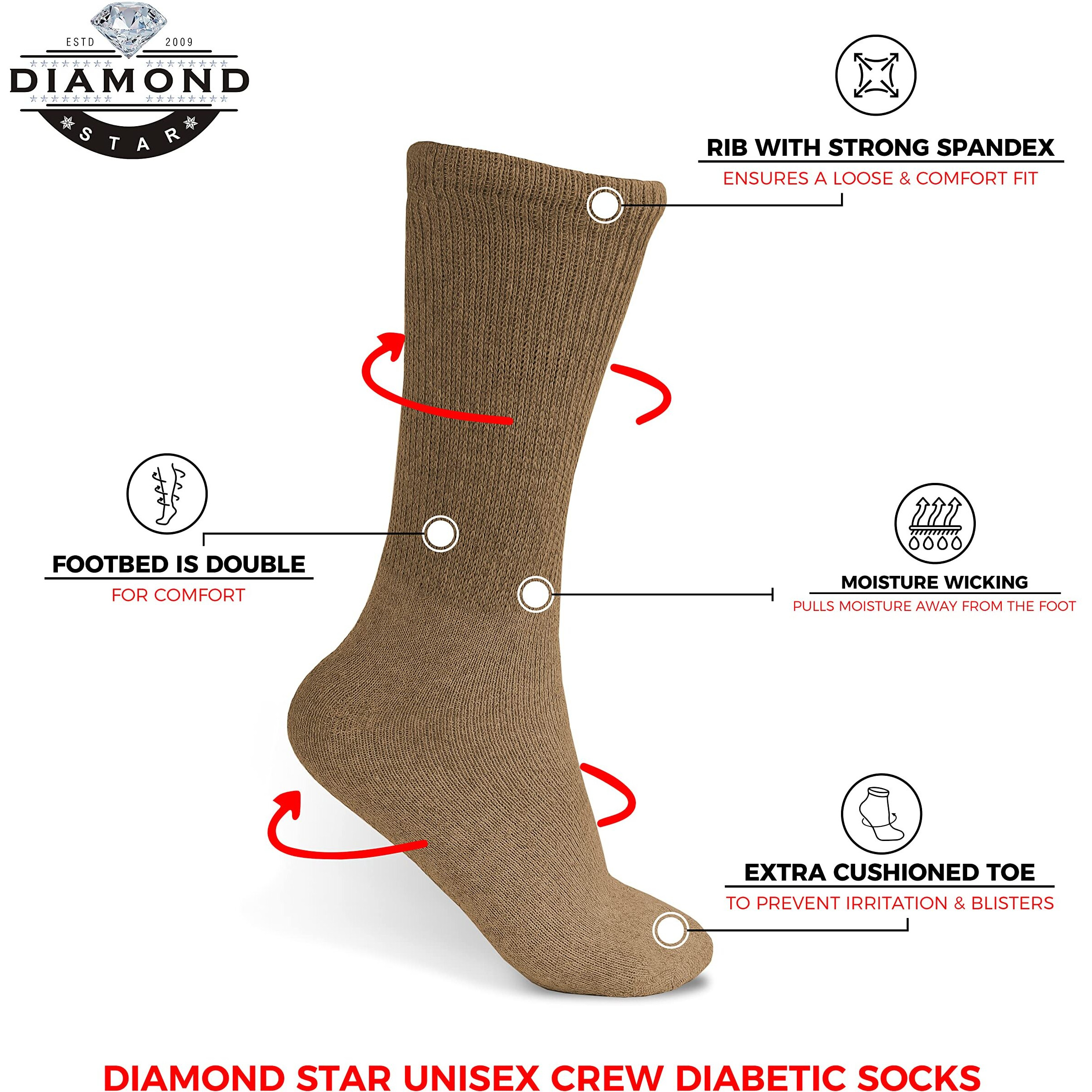 Diamond Star Diabetic Socks, Non-Binding Circulatory Cushion Cotton Crew Diabetic Socks For Men Women (As1, Numeric, Numeric_9, Numeric_11, Regular, Regular, 12 Pairs Khaki)