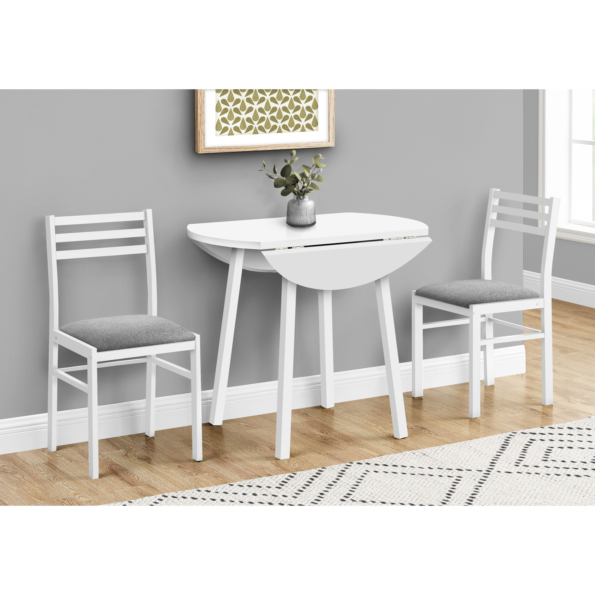 Dining Table Set, 3Pcs Set, Small, 35"" Drop Leaf, Kitchen, White Metal And Laminate, Grey Fabric, Contemporary, Modern