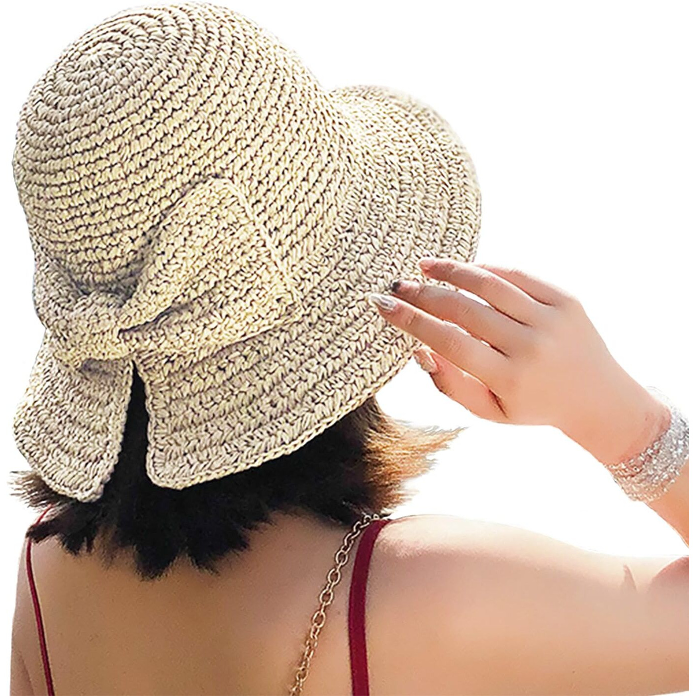 Foldable Wide Brim Floppy Straw Beach Sun Hat,Summer Cap With Bowknot For Women Girls,Strap Adjustable (1 Pack Beige)