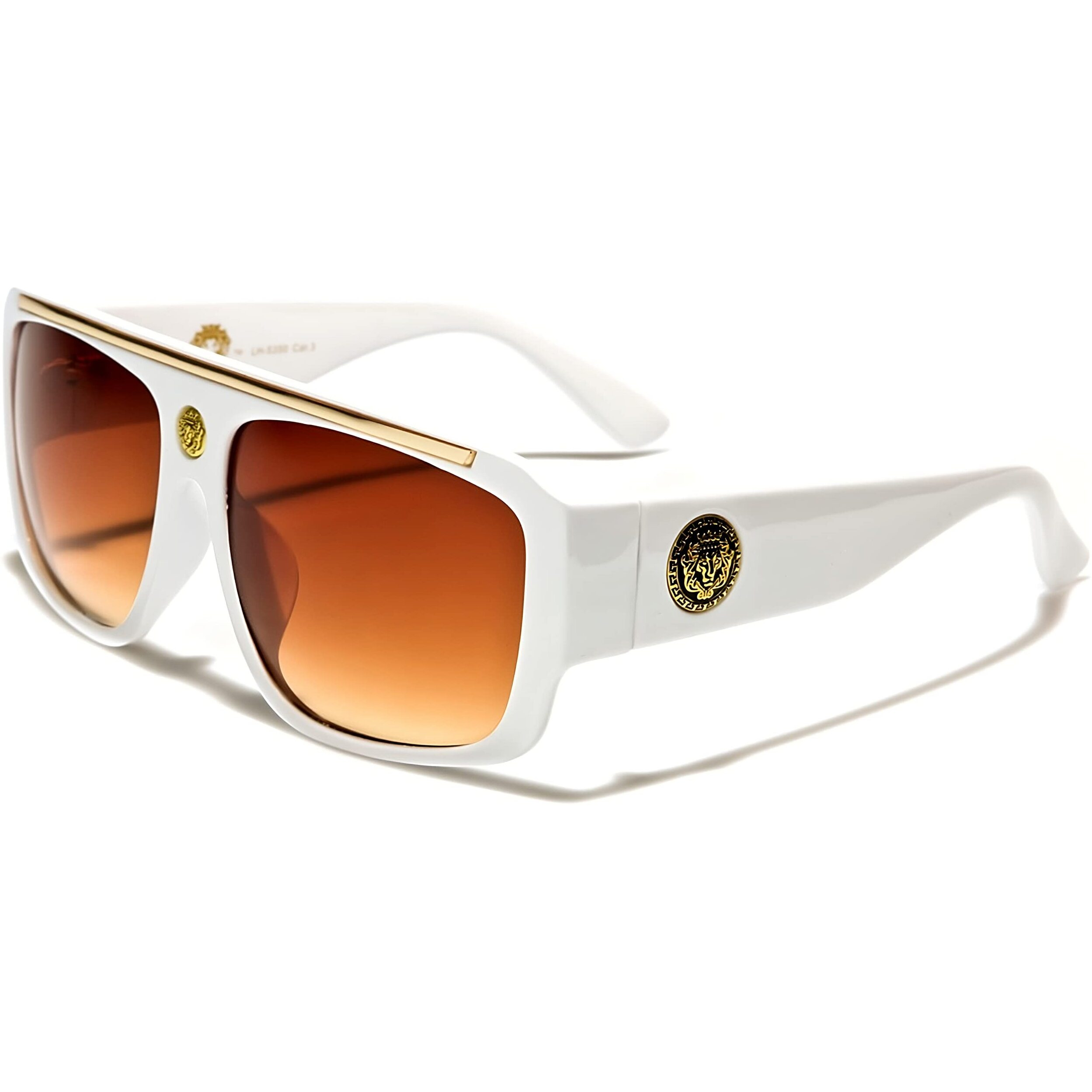 White & Gold Kleo Flat Top Hip Hop Rapper Retro Aviator Sunglasses W/ Brown Lenses