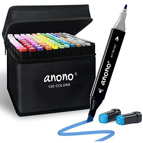 Anono 120 Colors Alcohol Markers Dual Tip Marker Permanent Marker Set Artist Markers With Carry Bag For Kids Adults Coloring Drawing, Black Penholder