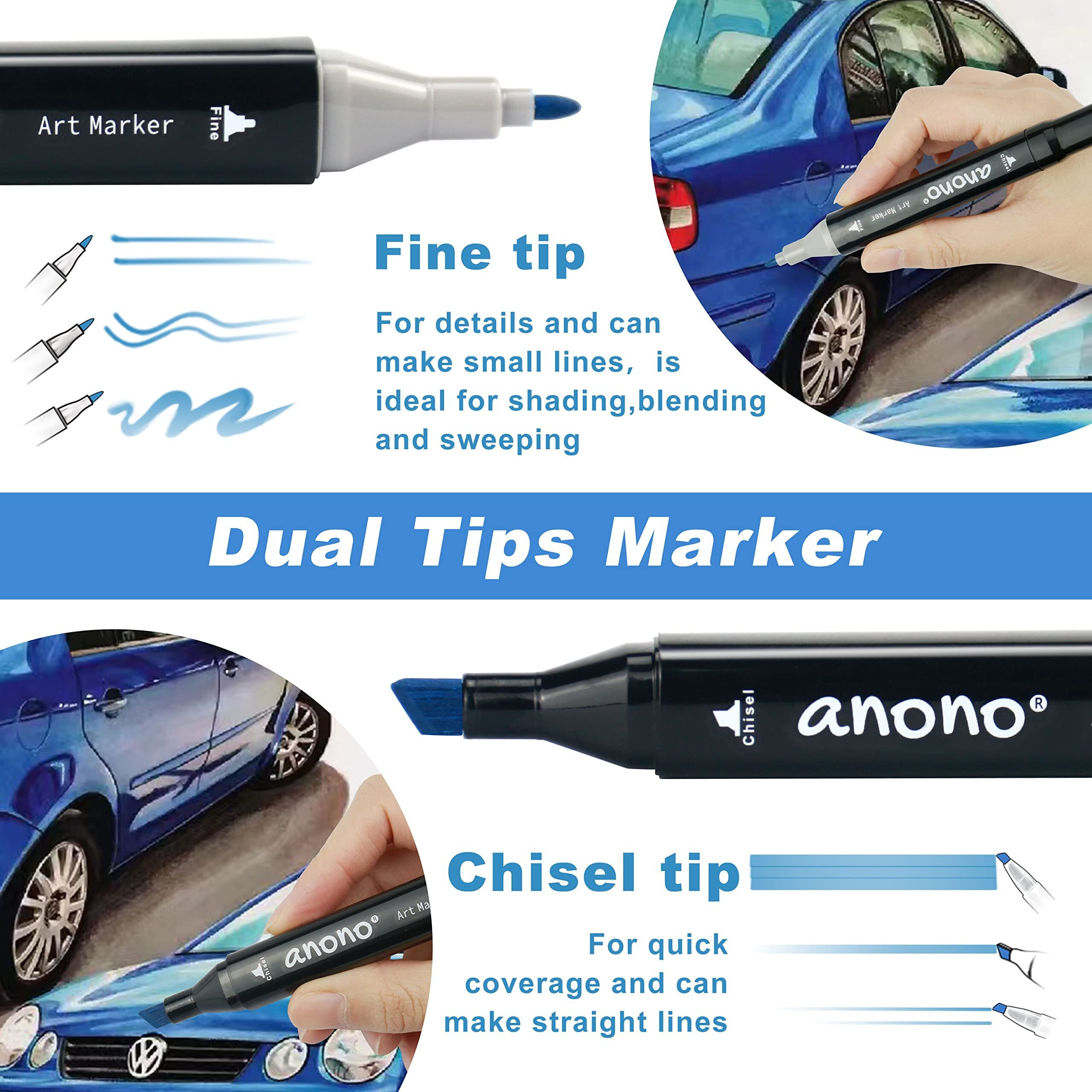 Anono 120 Colors Alcohol Markers Dual Tip Marker Permanent Marker Set Artist Markers With Carry Bag For Kids Adults Coloring Drawing, Black Penholder