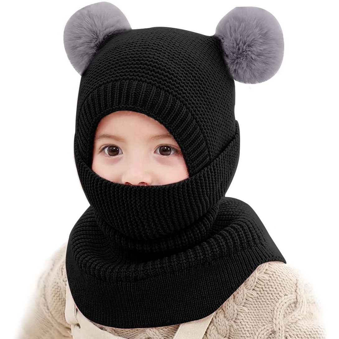 Toddler Winter Hat, Baby Winter Hat, Fleece Lined Girls Boys Winter Hat, Kids Winter Hat Scarf Earflap Hood Skull Caps, 1-5T (954 Black)