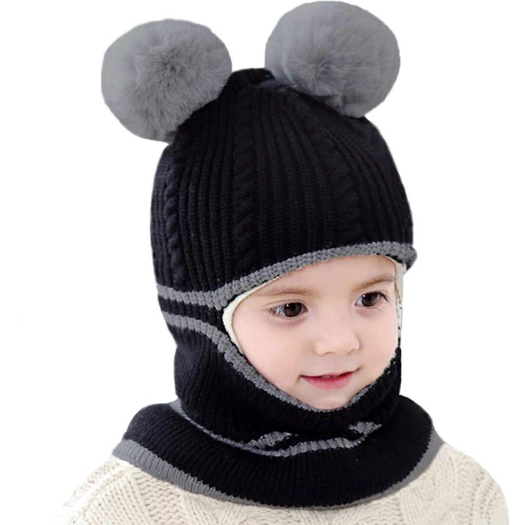 Toddler Winter Hat, Baby Winter Hat, Fleece Lined Girls Boys Winter Hat, Kids Winter Hat Scarf Earflap Hood Skull Caps, 1-4T (Bear Black)