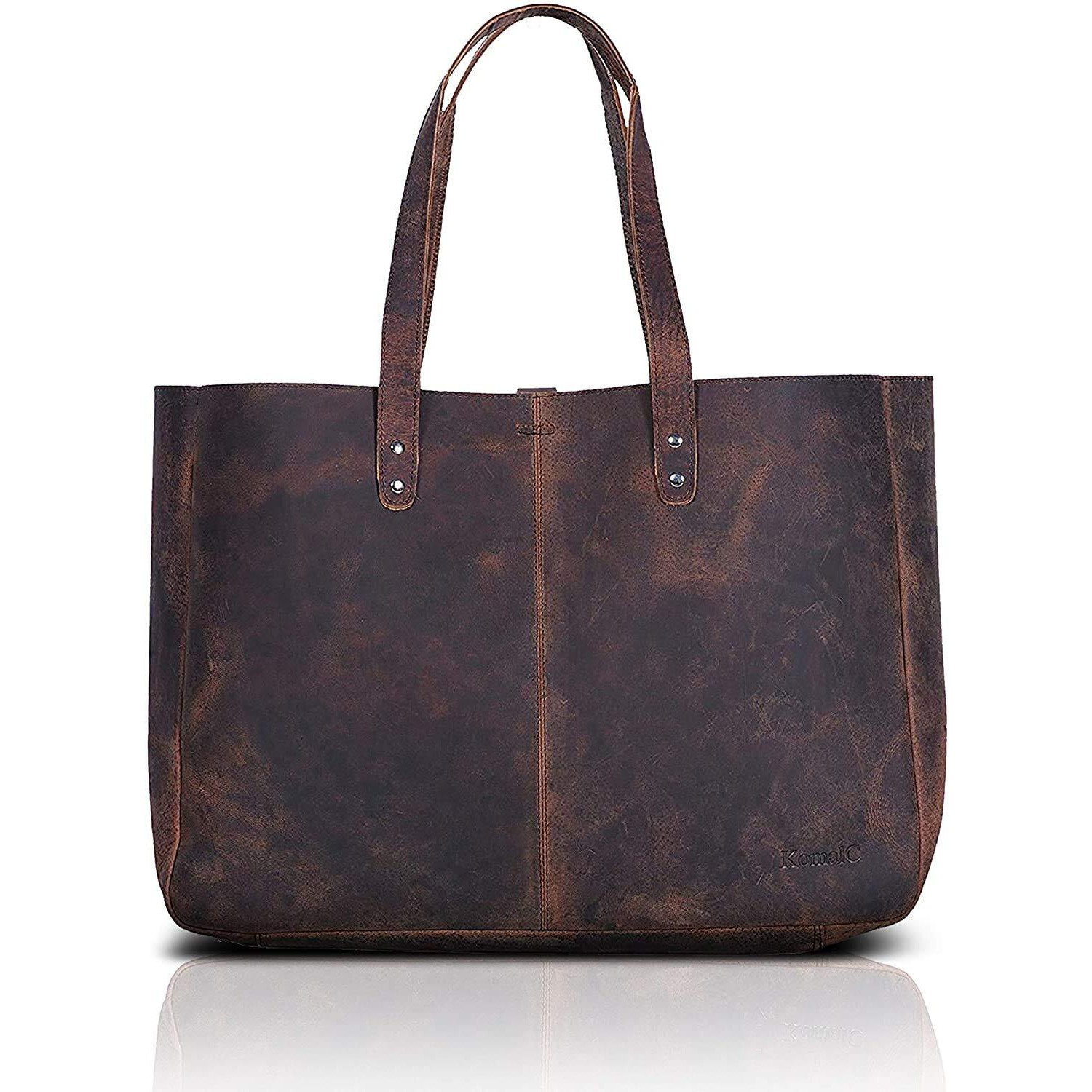 Komalc Leather Shoulder Bag Tote For Women Purse Satchel Travel Bag Shopping Carry Messenger Multipurpose Handbag (15 Inch, Buffalo Distressed Tan)