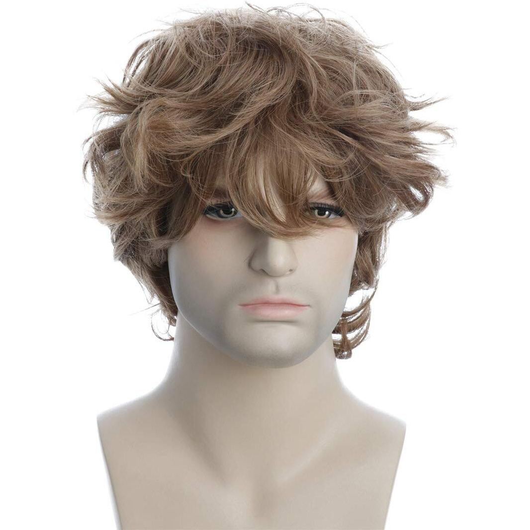 Karlery Male Mens Short Curly Fluffy Brown Wig With Bang Halloween Cosplay Wig