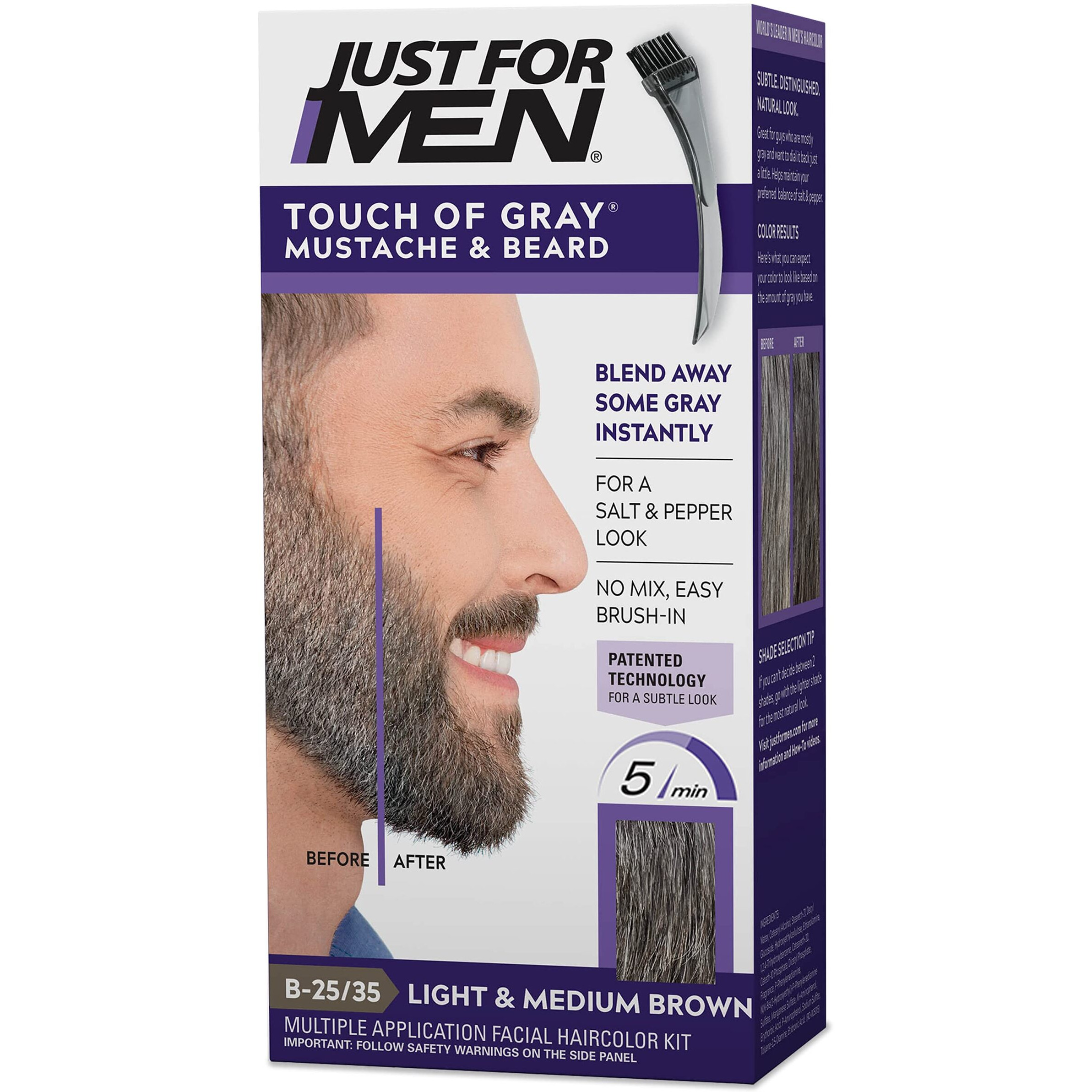 Just For Men Touch Of Gray Mustache & Beard, Beard Coloring For Gray Hair With Brush Included For Easy Application, Great For A Salt And Pepper Look - Light & Medium Brown, B-25/35, Pack Of 1