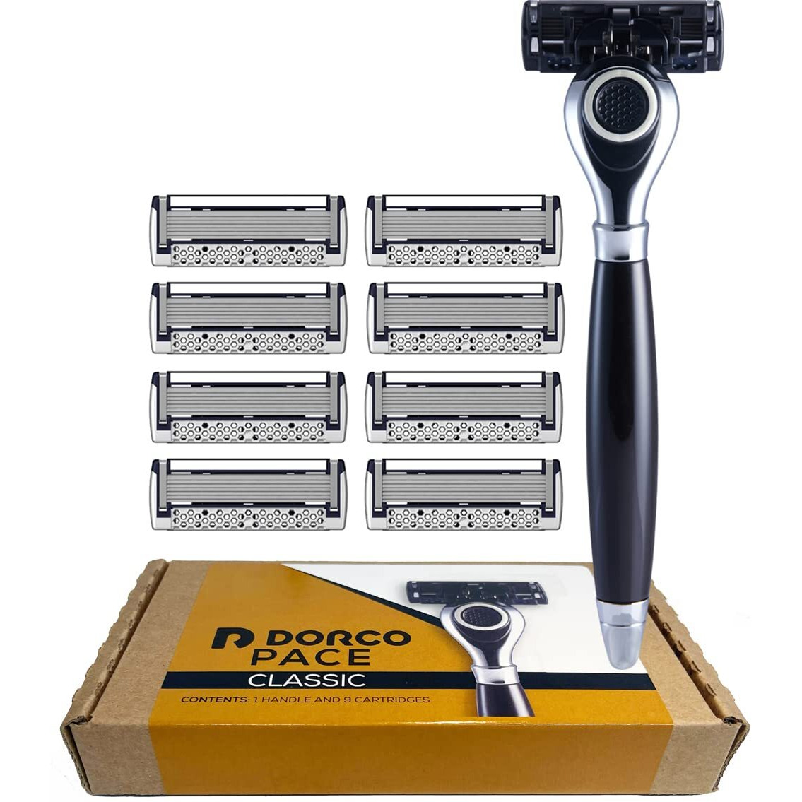 Dorco Pace Classic - Seven Blade Razor System With Pivoting Head And Premium Handle- 9 Pack (1 Handle + 9 Cartridges)