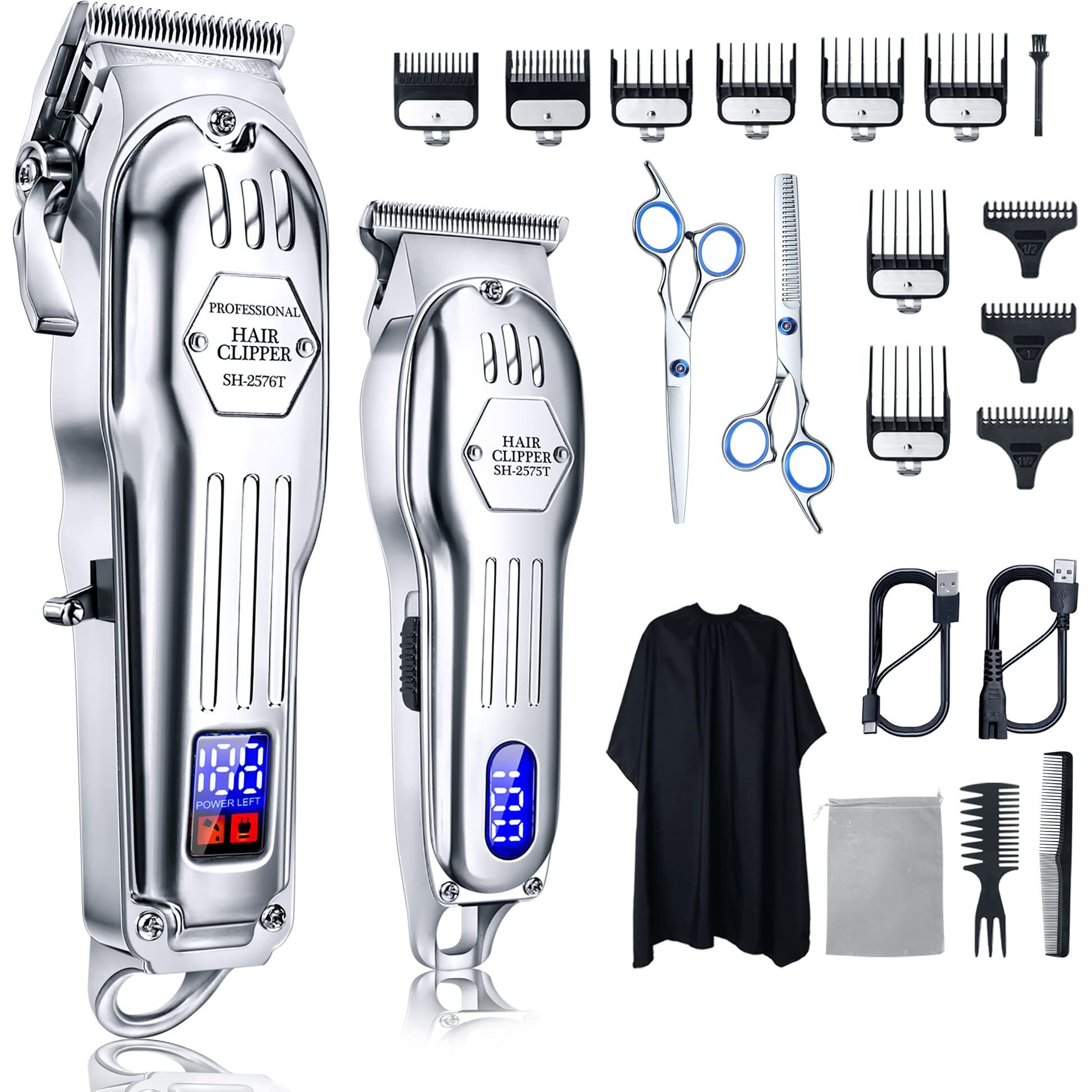 Moorehl Hair Clippers Professional Cordless For Men, Barber Clippers For Hair Cutting Kit, Wireless Lcd Display & Silver Metal Casing Hair Trimmers Set, Rechargeable Haircut Machine For Family