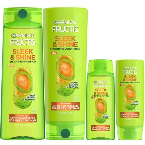 Garnier Fructis Sleek & Shine Full + Travel Size Shampoo (12.5 & 3 Fl Oz) + Conditioner (12 & 3 Fl Oz) Set For Frizzy, Dry Hair, Plant Keratin + Argan Oil (4 Items), 1 Kit (Packaging May Vary)