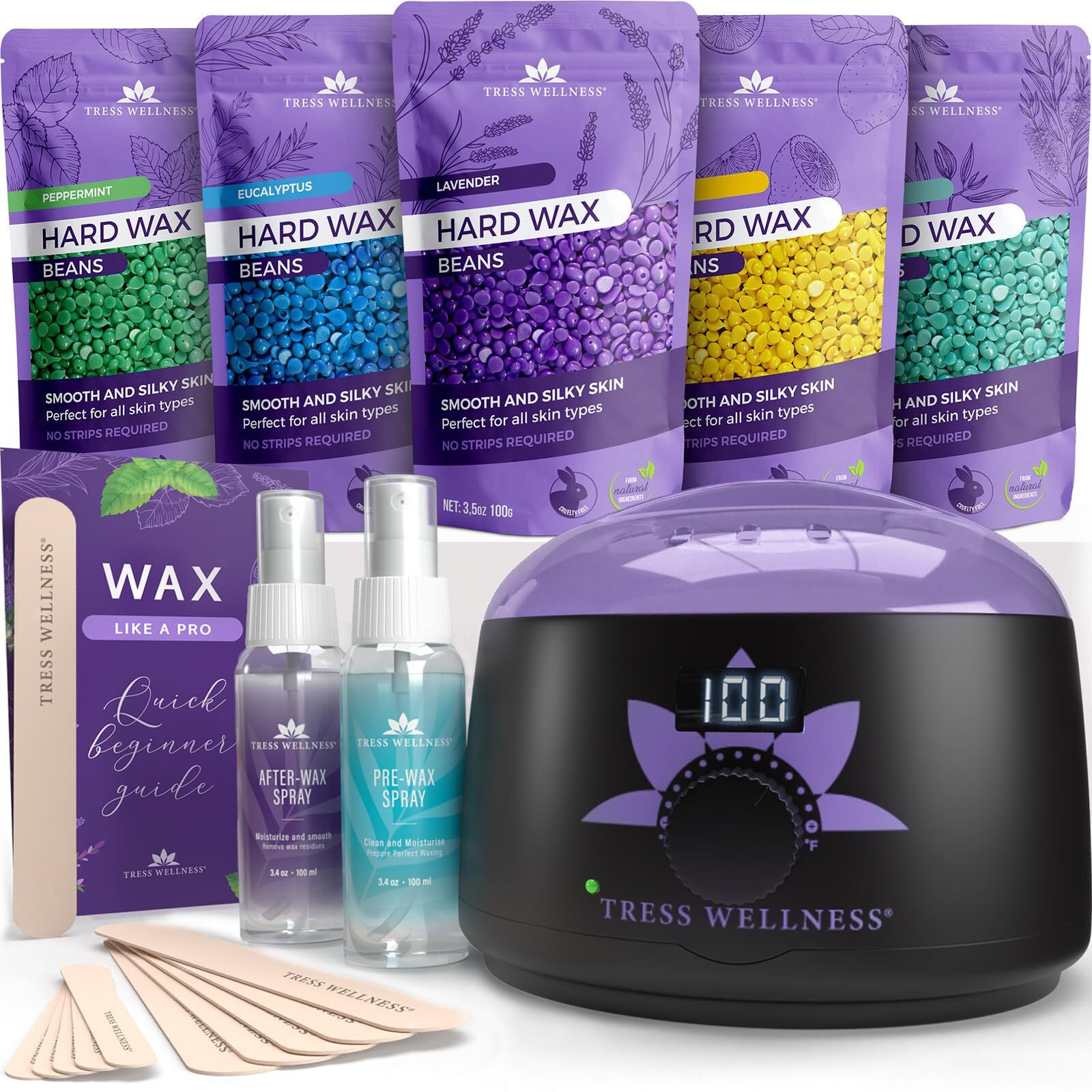 Tress Wellness Waxing Kit For Brazilian Wax - Easy To Use - For Sensitive Skin - Digital Display, Black Purple Flower