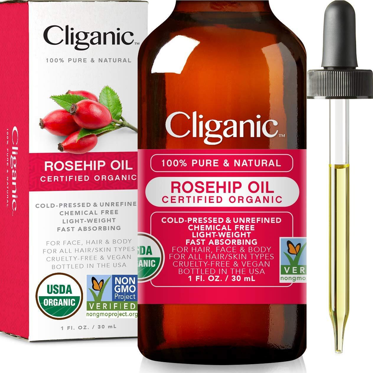 Cliganic Usda Organic Rosehip Seed Oil For Face, 100% Pure  Natural Cold Pressed Unrefined Non-Gmo  Carrier Oil For Skin, Hair & Nails