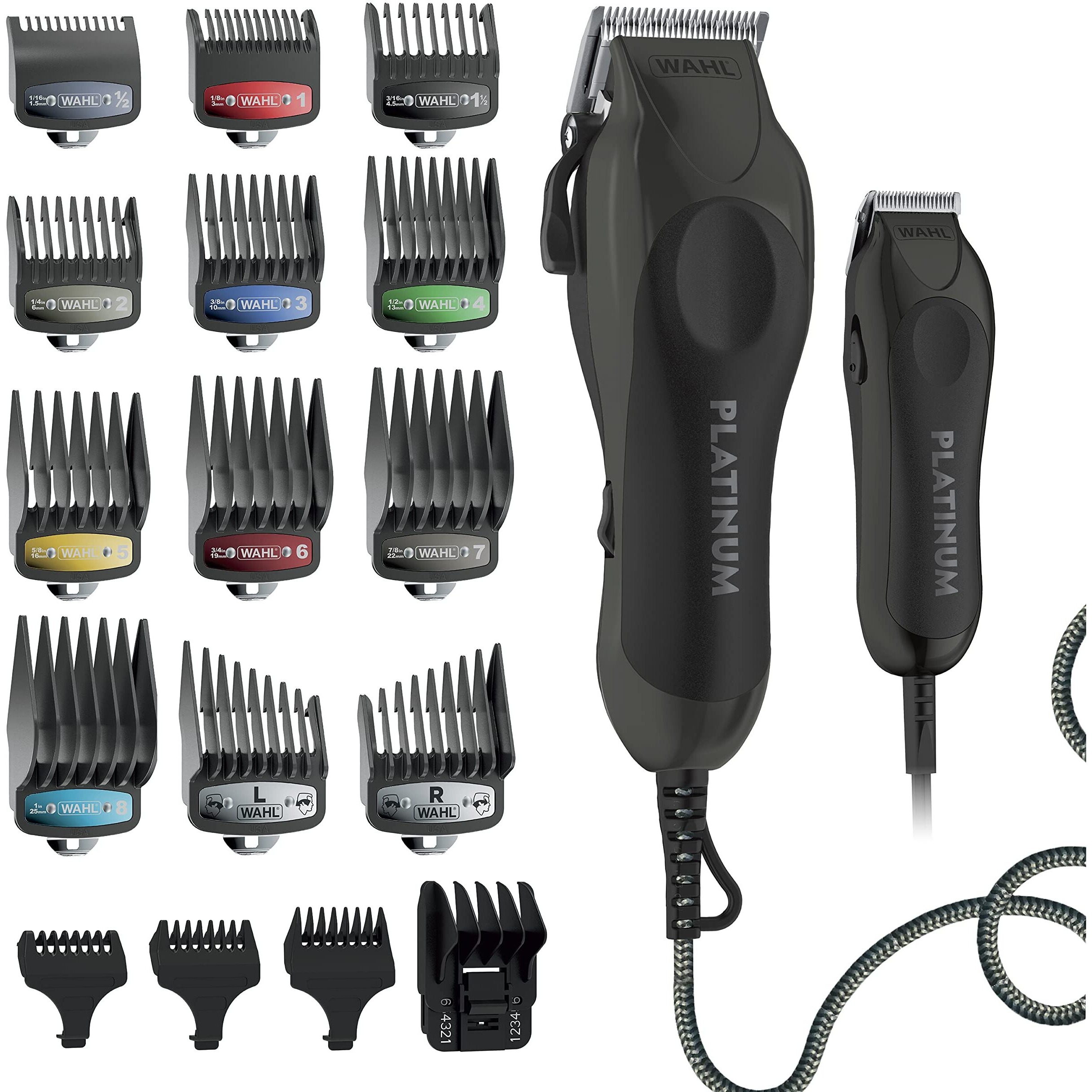 Wahl Usa Pro Series Platinum Corded Clipper & Corded Trimmer For Home Haircutting With Premium Secure Fit Color Coded Guide Combs - Model 79804-100
