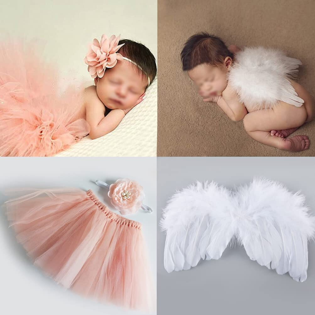 Cofashion Newborn Girls Photo Prop Outfit Peach Pink Tutu Skirt Flower Newborn Headbands + Infant Baby Angel Wings - Baby Girls Photograph Clothes For Newborn Photo Shoot