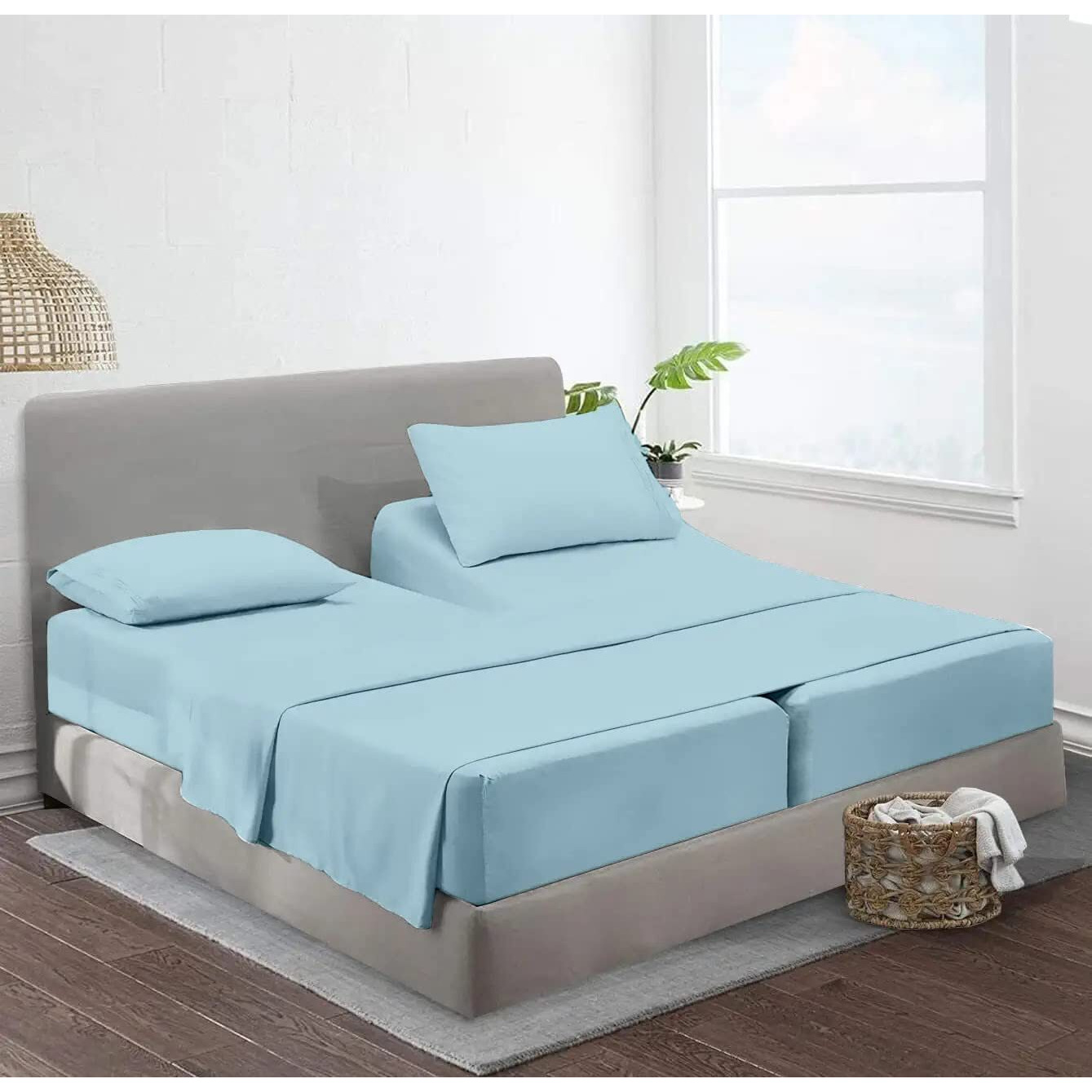 Split King Sheets Sets For Adjustable Bed Cotton-Split King Sheets Deep Pockets-5 Pcs -Split King Sheets For Adjustable Bed Twin Xl, Sky Blue 15-18 Inch Deep Sheets