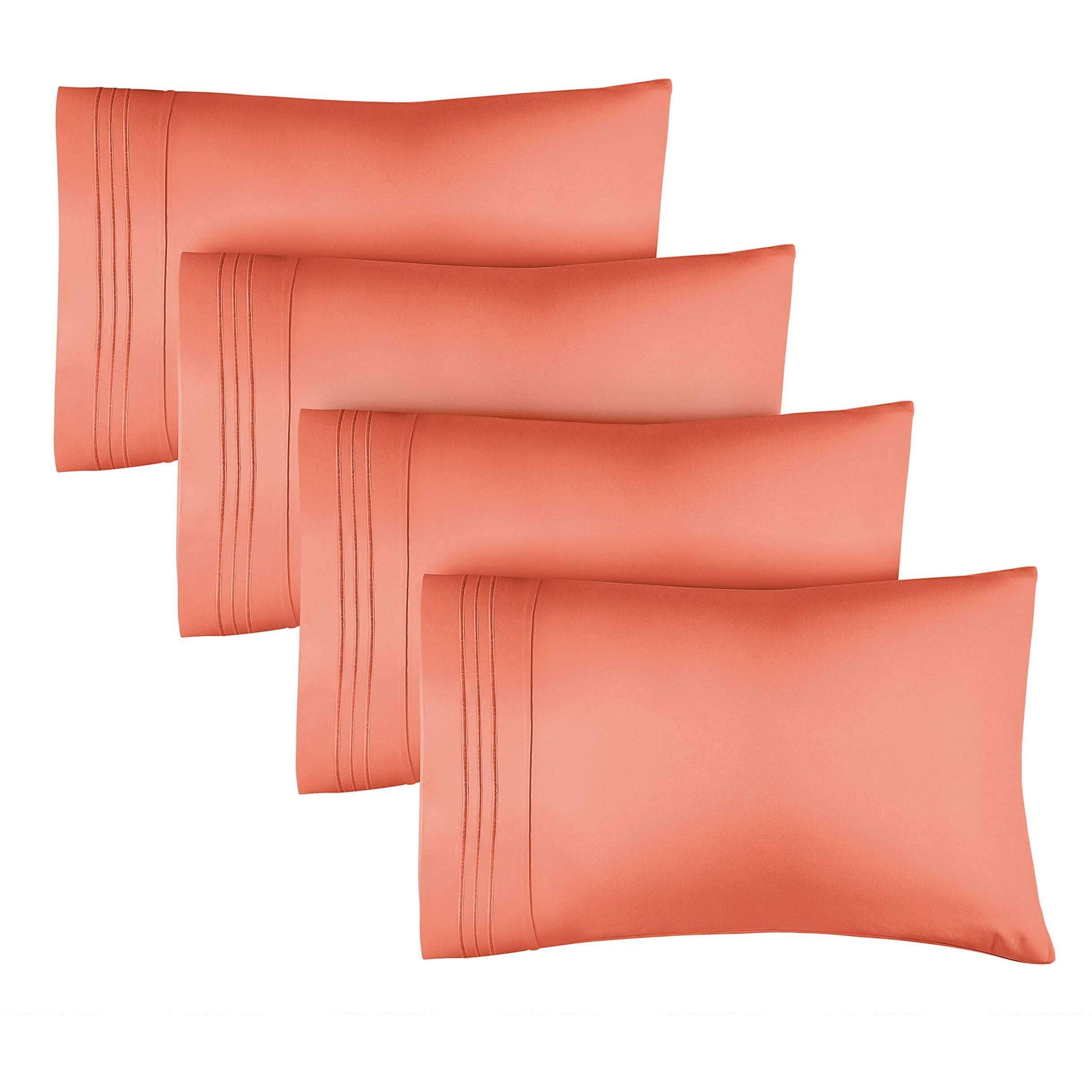 King Size Pillow Cases Set Of 4 - Soft, Premium Quality Pillowcase Covers - Machine Washable Protectors - 20X40, 20X36 & 20X48 Pillows For Sleeping 4 Piece - King Size Coral Pillow Cover Bedding