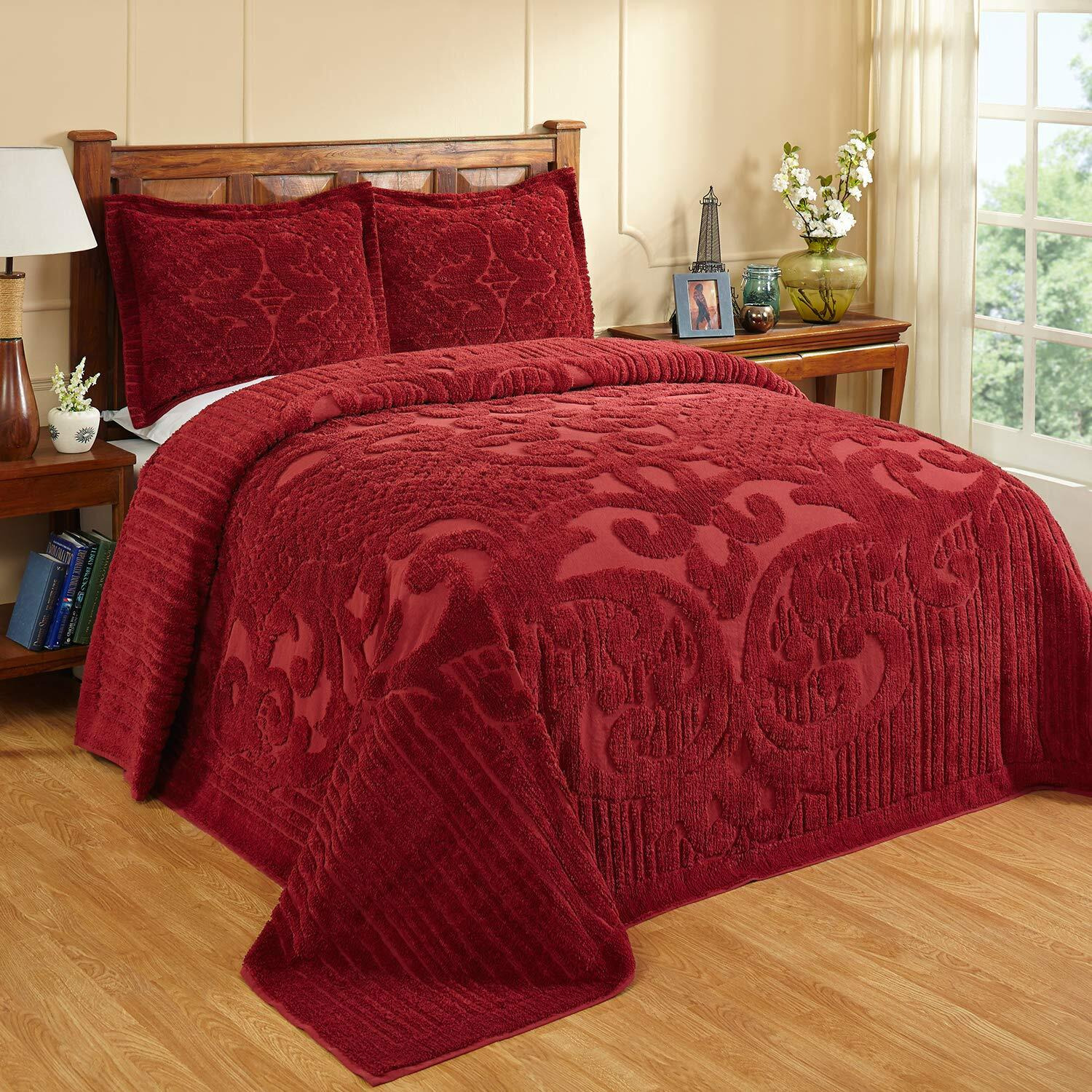Better Trends Ashton Collection 100% Cotton Chenille Bedspread Medallion Design King Size Floral Design Bed Cover In Burgundy - Tufted Cotton Bedspreads, Lightweight Bedspread & Coverlets