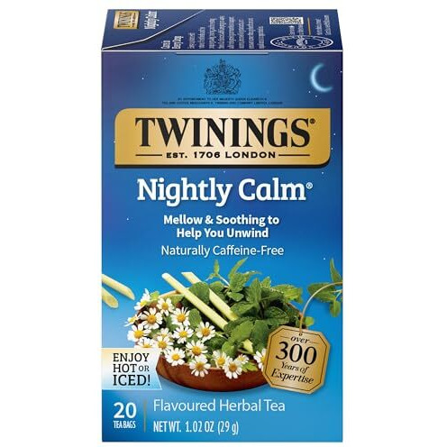 Twinings Nightly Calm Herbal Tea, 20 Count Pack Of 6, Individually Wrapped Tea Bags, Camomile, Spearmint & Lemongrass, Caffeine Free