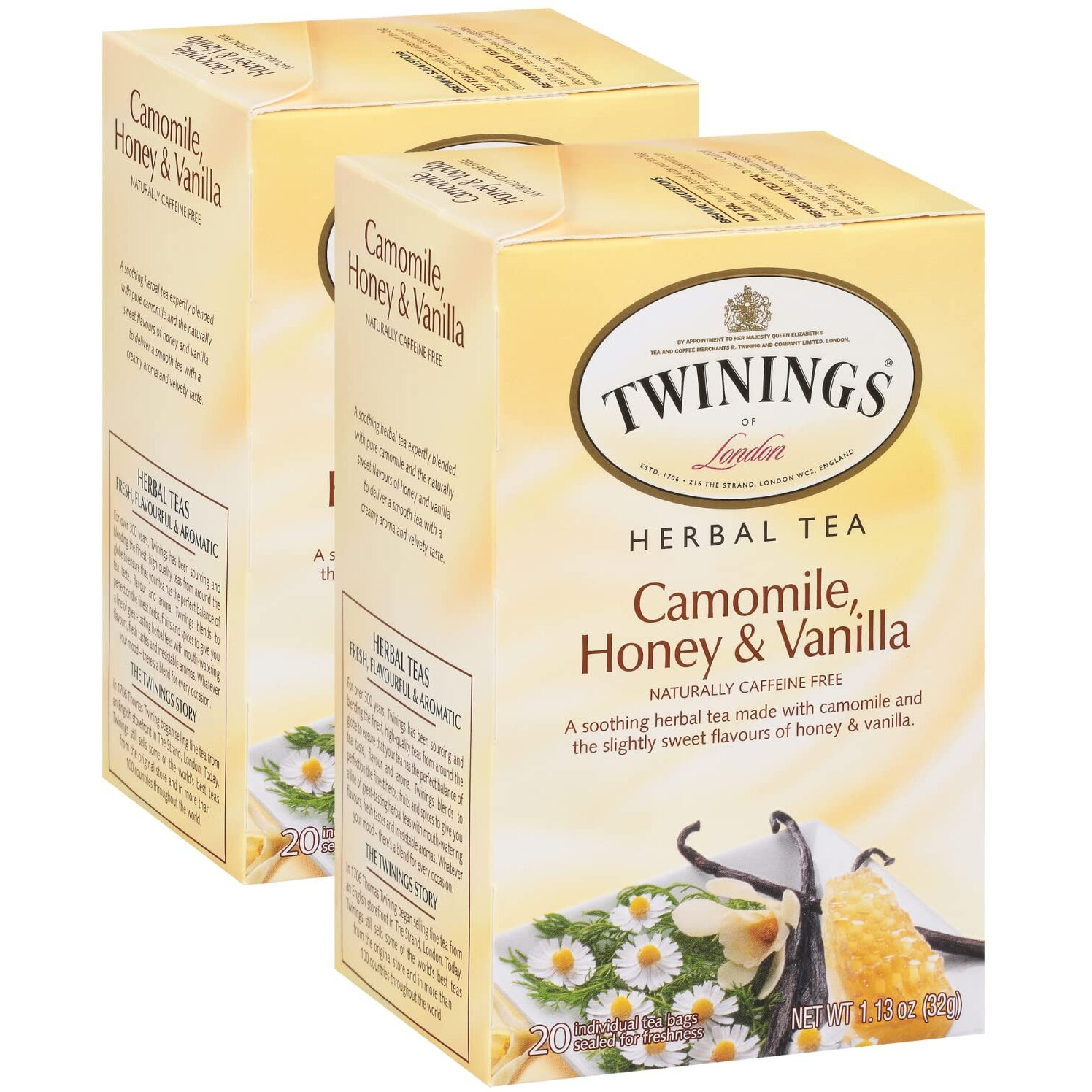 Twinings Camomile, Honey & Vanilla Herbal Tea - Naturally Caffeine-Free Camomile Tea Bags Individually Wrapped, 20 Count Ea (Pack Of 2)