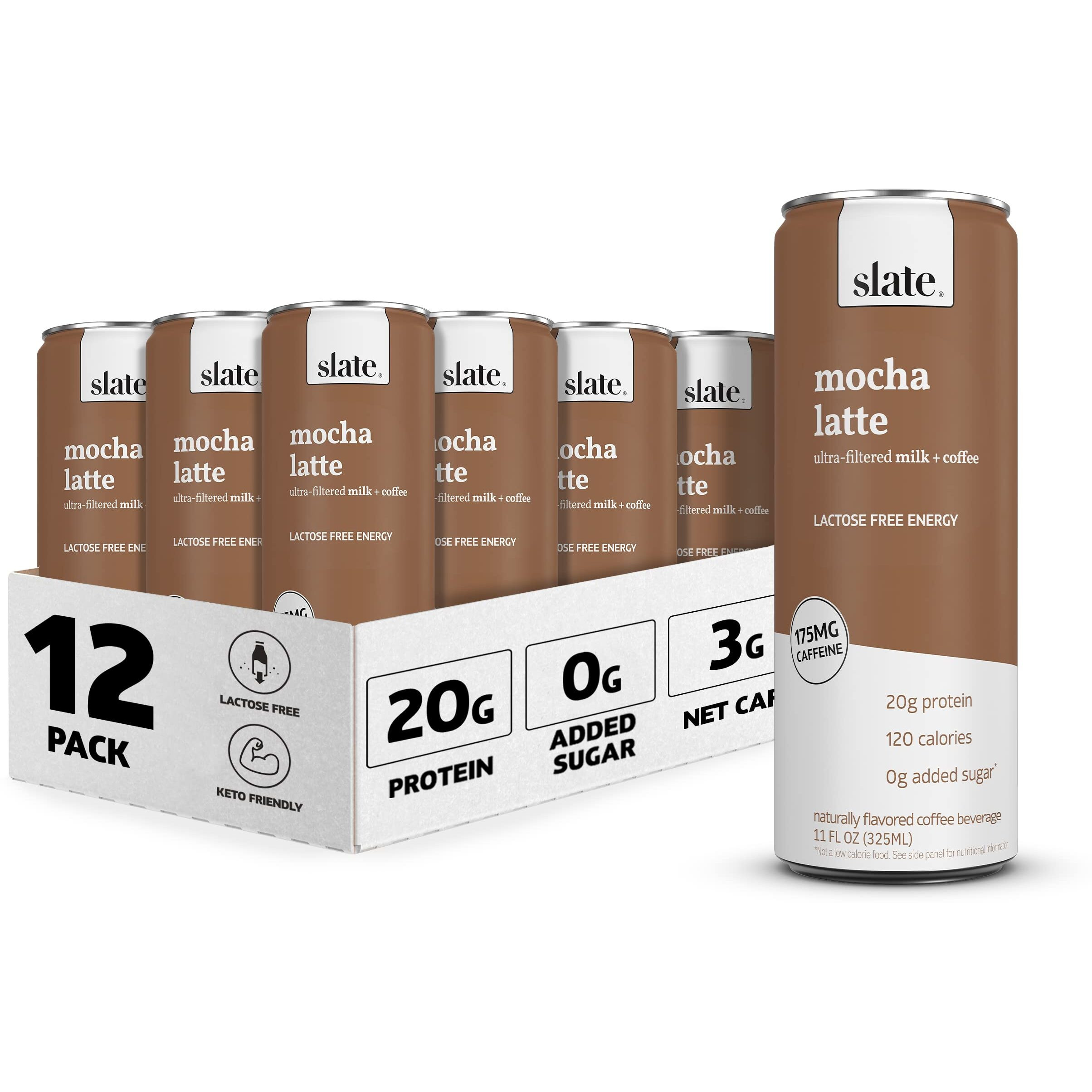 Slate Milk - High Protein Shake, Mocha Latte, 20G Protein, 0G Added Sugar, 175Mg Caffeine, Lactose Free, Keto, All Natural (11 Oz, 12-Pack)