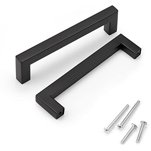 Knobwell 6 Pack Matte Black Kitchen Cabinet Door Handles - Stainless Steel Drawer Dresser Pulls Kitchen Cabinet Handles Black 6 Pack - 5"" Hole Centers