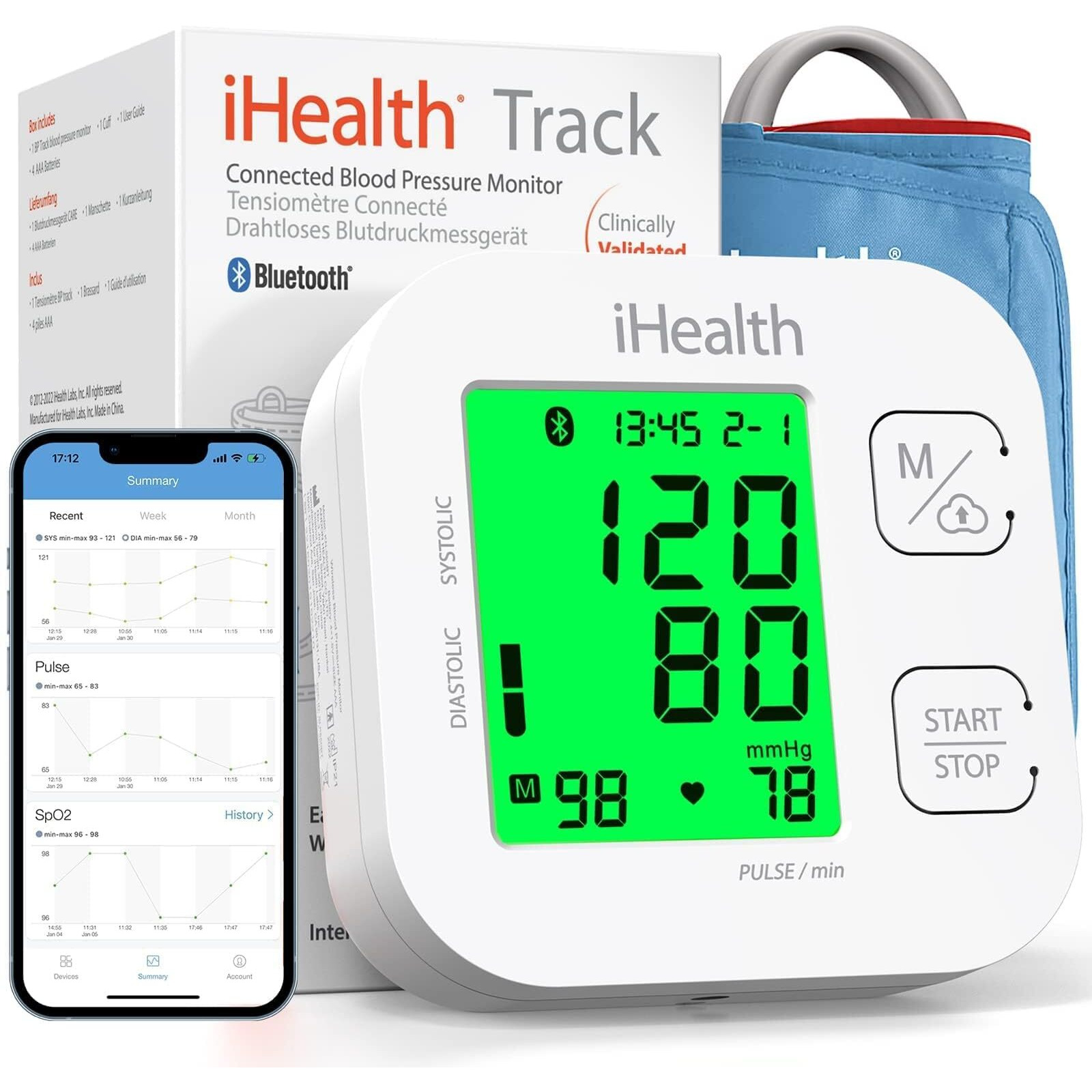 Ihealth Track Smart Upper Arm Blood Pressure Monitor With Wide Range Cuff That Fits Standard To Large Adult Arms, Bluetooth Compatible For Ios & Android Devices