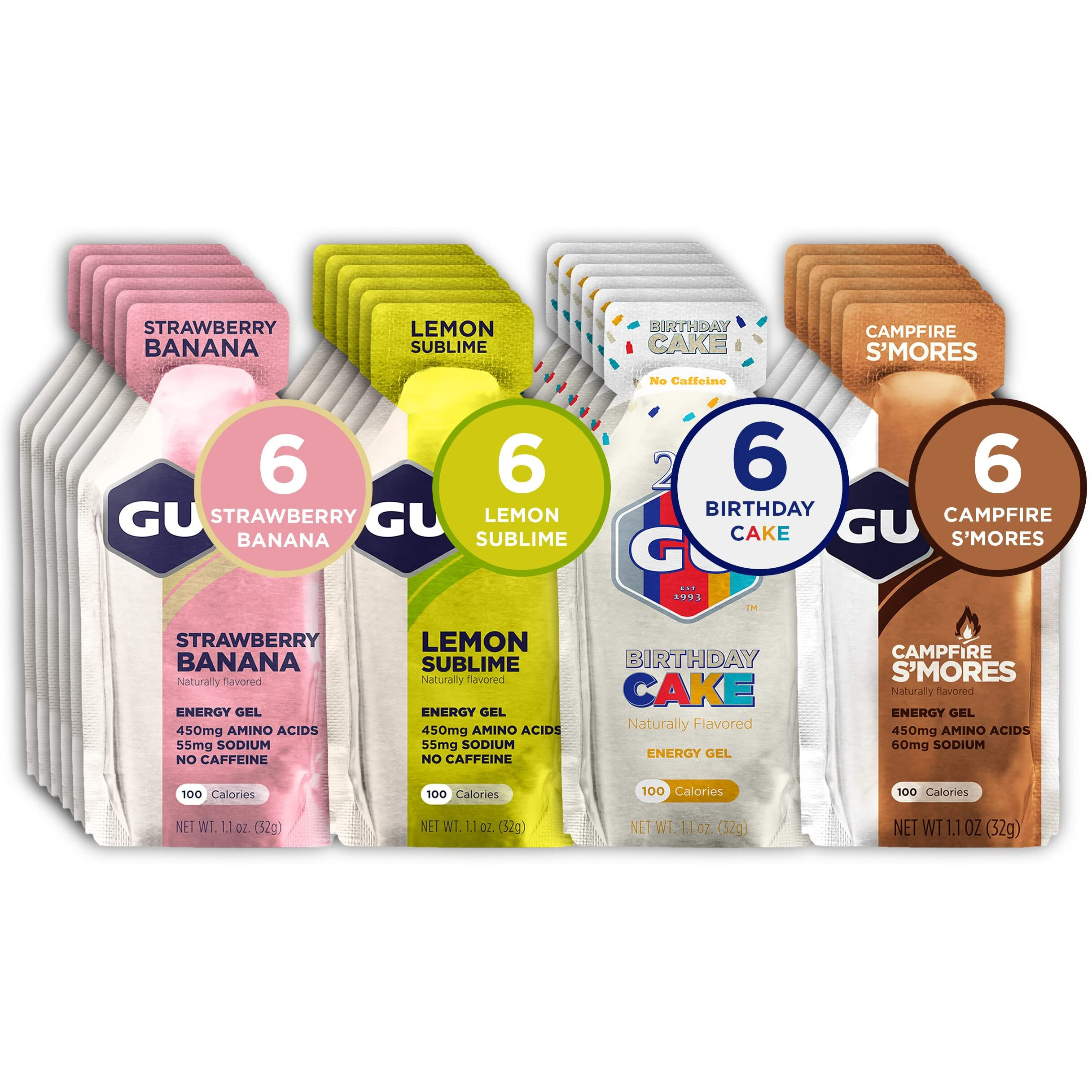 Gu Energy Original Sports Nutrition Energy Gels, 24-Count, Assorted Caffeine-Free Flavors Variety Pack