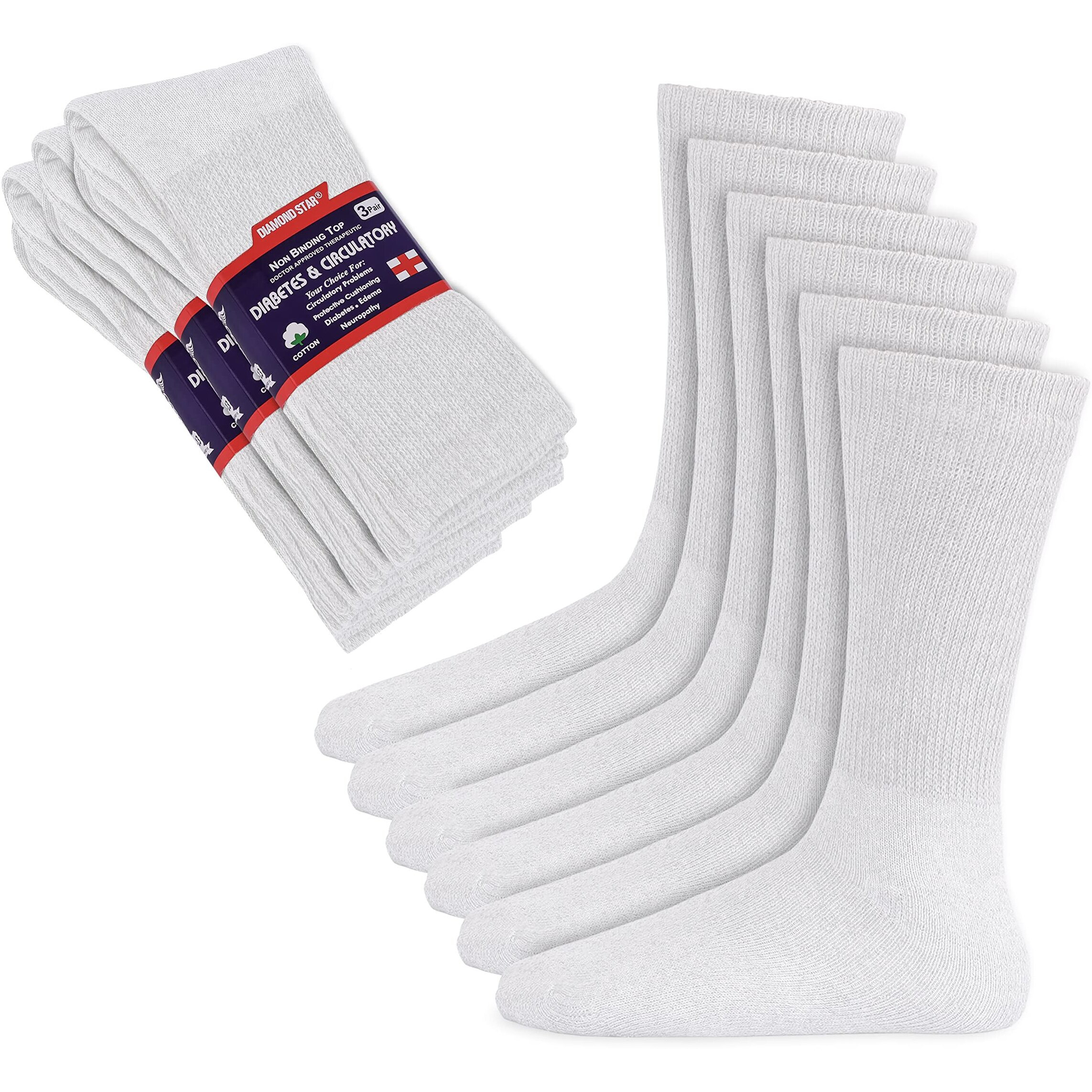 Diamond Star Diabetic Socks, Non-Binding Circulatory Cushion Cotton Crew Diabetic Socks For Men Women (As1, Numeric, Numeric 10, Numeric 13, Regular, Regular, 6 Pairs White)