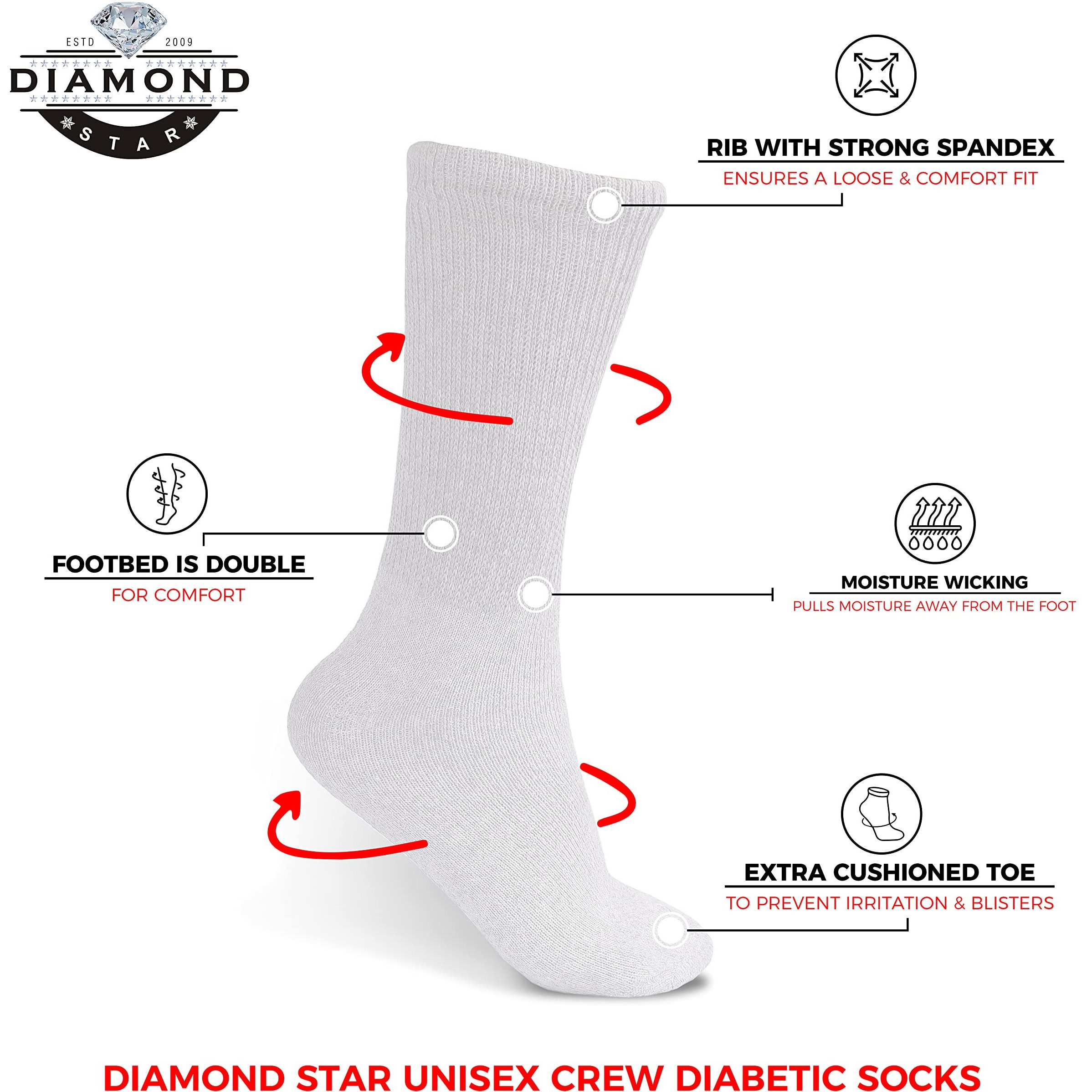 Diamond Star Diabetic Socks, Non-Binding Circulatory Cushion Cotton Crew Diabetic Socks For Men Women (As1, Numeric, Numeric 10, Numeric 13, Regular, Regular, 6 Pairs White)