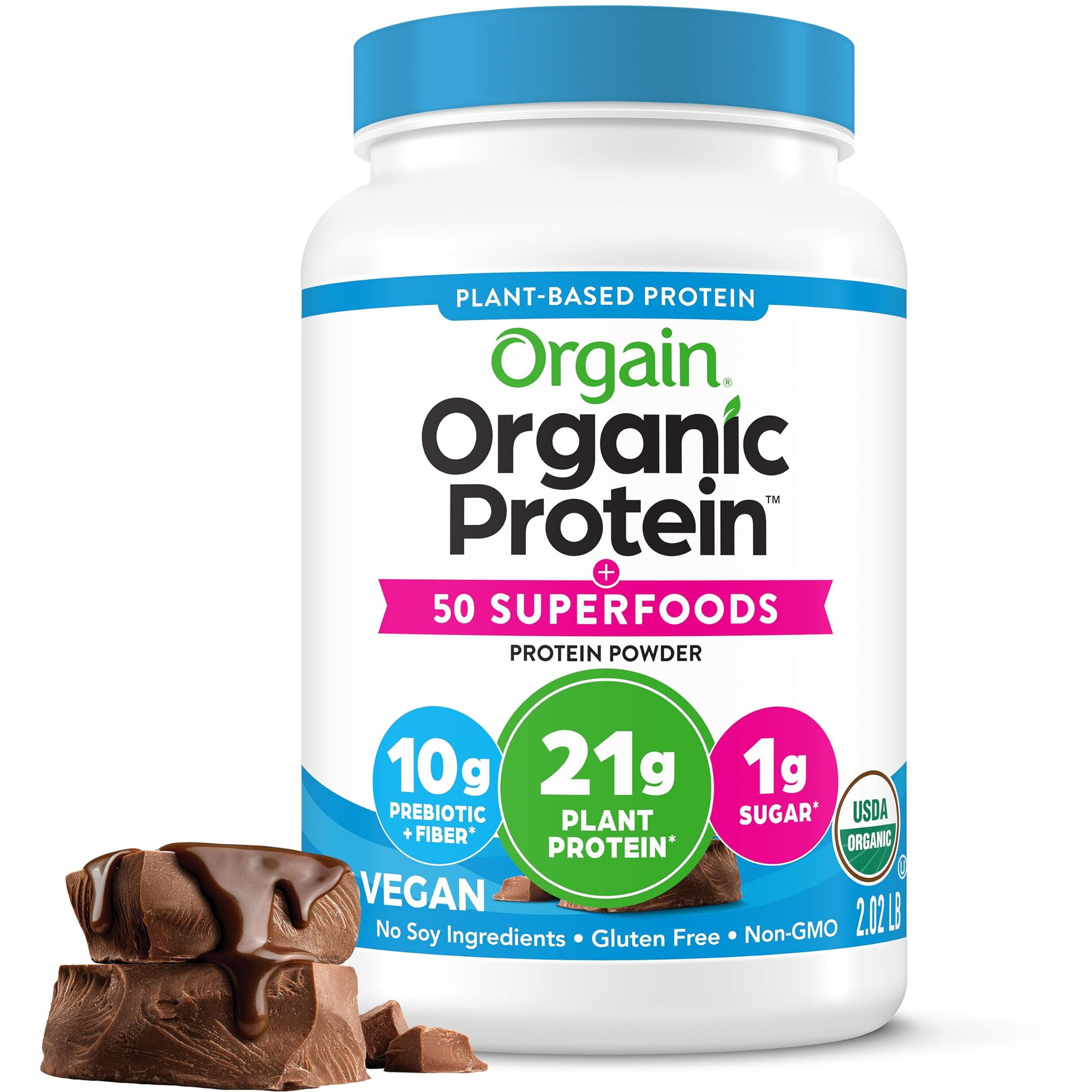 Orgain Organic Vegan Protein Powder + 50 Superfoods, Creamy Chocolate Fudge - 21G Plant Based Protein, Gluten Free, Dairy Free, Lactose Free, Soy Free, No Sugar Added, Kosher, B Vitamins - 2.02Lb