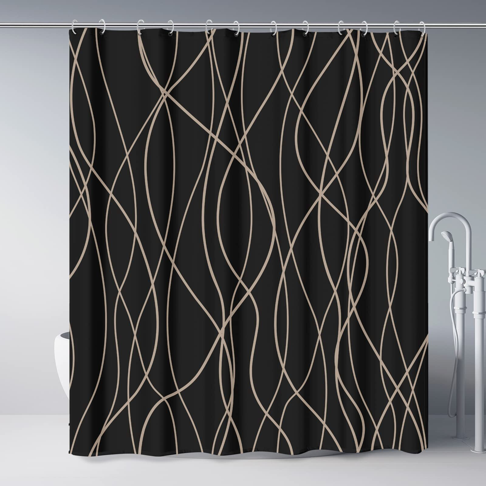Punkray Black And Brown Striped Wavy Line Fabric Shower Curtain For Bathroom With 12 Hooks, Shower Curtains For Bathroom 72 Inches Long, Weighted Hem,Waterproof Bath Accessories Hotel Style