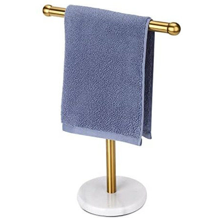 Gold Hand Towel Holder Stand With Heavy Marble Base, T-Shape Towel Rack, Free-Standing For Bathroom Vanity Countertop, 304 Stainless Steel (Gold)