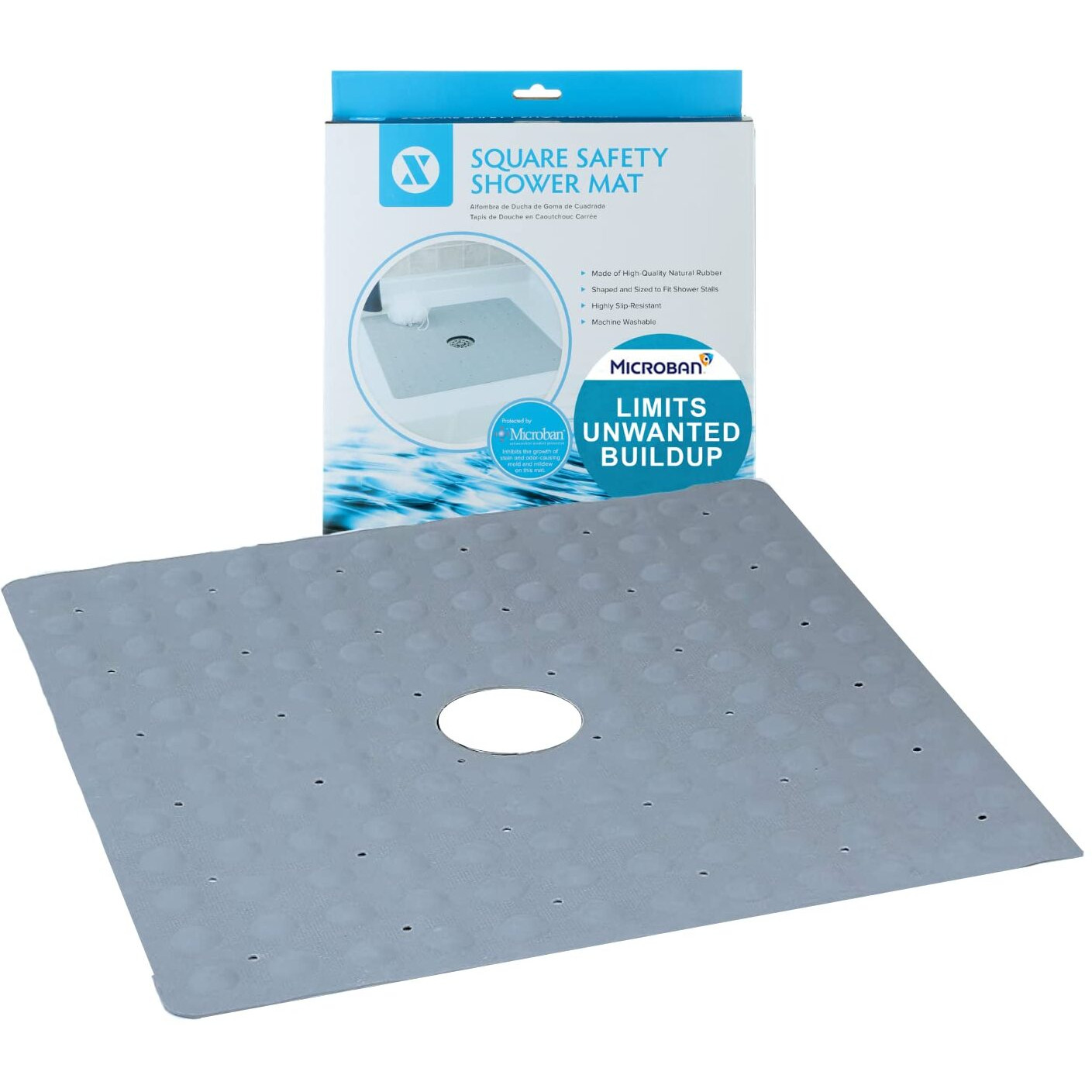 Slipx Solutions Microban-Infused Rubber Shower Mat, 21"" X 21""  Anti-Slip Square Bath Mat W/ 140 Power Grip Suction Cups  Gray